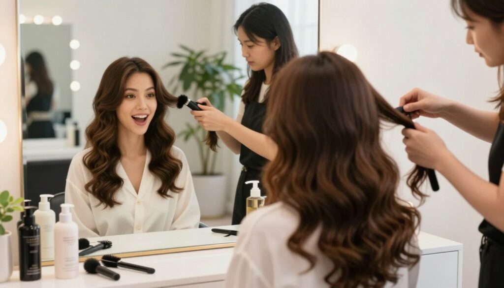 A serene and elegant hairstyling scene featuring a female model with long, voluminous hair styled in soft waves, showcasing various techniques to enhance texture and volume. In the foreground, the model is seated at a chic vanity, surrounded by professional styling tools and products, reflecting a sophisticated yet approachable ambiance. The middle ground includes a large mirror, capturing the model's reflection as she demonstrates different hairstyling tricks with an excited expression. The background has a softly blurred, well-lit room adorned with potted plants and stylish decor, creating a warm and inviting atmosphere. The lighting is bright and natural, illuminating the hair's texture, conveying an uplifting and informative mood, showcasing beauty and practicality. The shot is taken at eye level, giving an intimate feel to the hairstyling process. A serene and elegant hairstyling scene featuring a female model with long, voluminous hair styled in soft waves, showcasing various techniques to enhance texture and volume. In the foreground, the model is seated at a chic vanity, surrounded by professional styling tools and products, reflecting a sophisticated yet approachable ambiance. The middle ground includes a large mirror, capturing the model's reflection as she demonstrates different hairstyling tricks with an excited expression. The background has a softly blurred, well-lit room adorned with potted plants and stylish decor, creating a warm and inviting atmosphere. The lighting is bright and natural, illuminating the hair's texture, conveying an uplifting and informative mood, showcasing beauty and practicality. The shot is taken at eye level, giving an intimate feel to the hairstyling process.