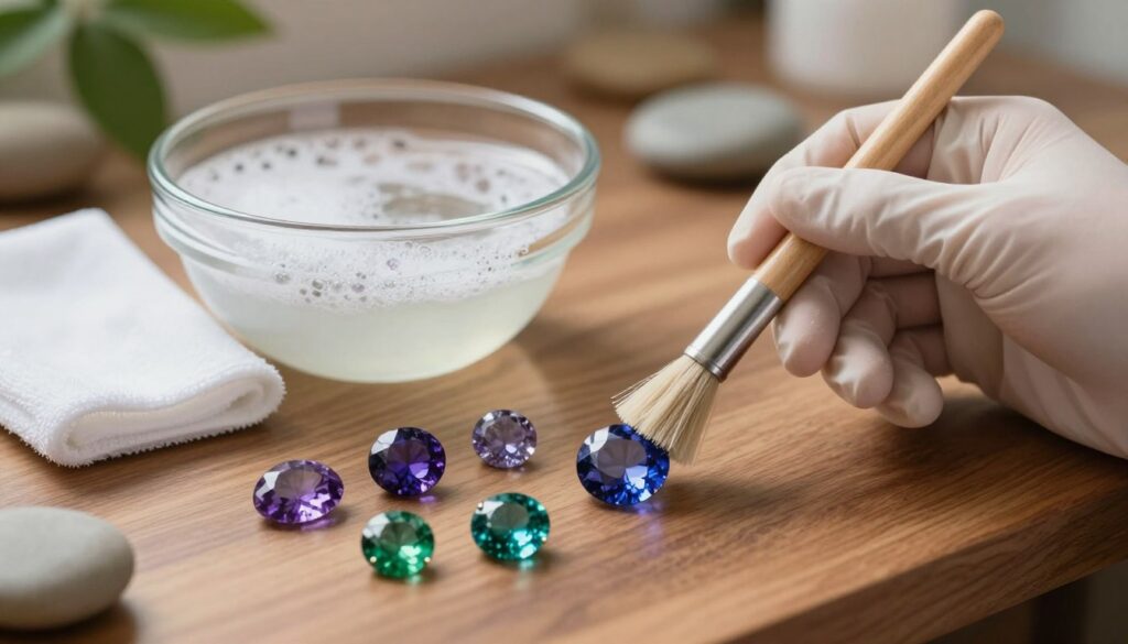 A serene and professional setting focused on the gentle cleaning of precious gemstones. In the foreground, an elegantly arranged selection of sparkling gemstones—amethyst, sapphire, and emerald—sits on a polished wooden surface, glistening under soft, diffused lighting. A pair of gloved hands holding a soft brush delicately cleans one of the stones, showcasing its brilliance and clarity. In the middle ground, a glass bowl filled with a soapy solution is placed beside a microfiber cloth. The background features a softly blurred arrangement of natural elements, like green leaves and stones, enhancing the tranquil atmosphere. The lighting is warm and inviting, creating a sense of care and meticulous attention, suitable for preserving the beauty of fine jewelry while emphasizing safety and gentleness in the cleaning process. A serene and professional setting focused on the gentle cleaning of precious gemstones. In the foreground, an elegantly arranged selection of sparkling gemstones—amethyst, sapphire, and emerald—sits on a polished wooden surface, glistening under soft, diffused lighting. A pair of gloved hands holding a soft brush delicately cleans one of the stones, showcasing its brilliance and clarity. In the middle ground, a glass bowl filled with a soapy solution is placed beside a microfiber cloth. The background features a softly blurred arrangement of natural elements, like green leaves and stones, enhancing the tranquil atmosphere. The lighting is warm and inviting, creating a sense of care and meticulous attention, suitable for preserving the beauty of fine jewelry while emphasizing safety and gentleness in the cleaning process.