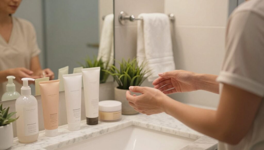 A serene bathroom setting featuring a neatly arranged array of self-tanning products on a marble countertop. In the foreground, a well-groomed individual in modest casual clothing is examining their skin in a mirror, displaying a natural, even tan without streaks. Soft, diffused lighting creates a warm and inviting atmosphere, accentuated by gentle shadows that highlight the smoothness of their skin. The middle ground includes a stylish towel rack with luxurious towels, and a potted plant adds a touch of freshness. The background shows a subtle glimpse of calming colors and textures, evoking a sense of rejuvenation and self-care. Overall, the composition conveys a tranquil ambiance focused on achieving flawless skin.