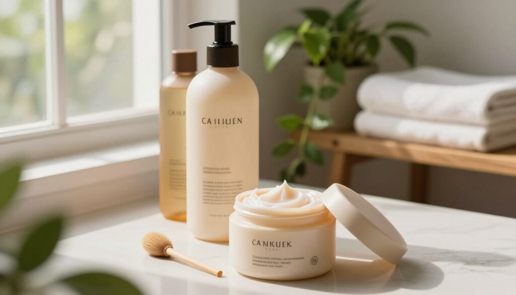 A serene bathroom setting with elegant hair care products prominently displayed, including nourishing conditioners and masks for managing frizzy hair. In the foreground, a stylish, modern jar of hair mask is open, showcasing its creamy texture, with a small wooden applicator next to it. The middle layer features a luxurious bottle of leave-in conditioner, glistening in soft, natural light filtering through a nearby window. The background captures lush green plants and a fluffy towel on a wooden shelf, evoking a refreshing spa-like atmosphere. Warm soft lighting creates a calming mood, emphasizing the products' effectiveness for achieving sleek, glossy hair without frizz. The angle is slightly overhead, providing a clear view of the products and the tranquil setting, inviting the viewer to relax and indulge in self-care. A serene bathroom setting with elegant hair care products prominently displayed, including nourishing conditioners and masks for managing frizzy hair. In the foreground, a stylish, modern jar of hair mask is open, showcasing its creamy texture, with a small wooden applicator next to it. The middle layer features a luxurious bottle of leave-in conditioner, glistening in soft, natural light filtering through a nearby window. The background captures lush green plants and a fluffy towel on a wooden shelf, evoking a refreshing spa-like atmosphere. Warm soft lighting creates a calming mood, emphasizing the products' effectiveness for achieving sleek, glossy hair without frizz. The angle is slightly overhead, providing a clear view of the products and the tranquil setting, inviting the viewer to relax and indulge in self-care.