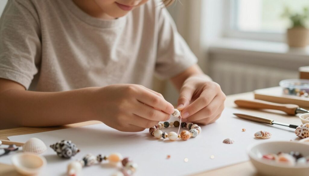 A serene scene showcasing a craftsman meticulously assembling a handmade bracelet adorned with tiny seashells, symbolizing child safety in jewelry design. In the foreground, close-up details of the colorful seashells and delicate threading materials glisten under soft, warm lighting. The middle ground features the craftsman, a person dressed in modest casual clothing, focused on their work, ensuring precision and care. The background includes a tidy workspace with tools and materials neatly arranged, illuminated by natural light coming from a window, enhancing the homey atmosphere. The overall mood is peaceful and inviting, emphasizing the artistry and attention to safety in crafting jewelry for children's use. A serene scene showcasing a craftsman meticulously assembling a handmade bracelet adorned with tiny seashells, symbolizing child safety in jewelry design. In the foreground, close-up details of the colorful seashells and delicate threading materials glisten under soft, warm lighting. The middle ground features the craftsman, a person dressed in modest casual clothing, focused on their work, ensuring precision and care. The background includes a tidy workspace with tools and materials neatly arranged, illuminated by natural light coming from a window, enhancing the homey atmosphere. The overall mood is peaceful and inviting, emphasizing the artistry and attention to safety in crafting jewelry for children's use.