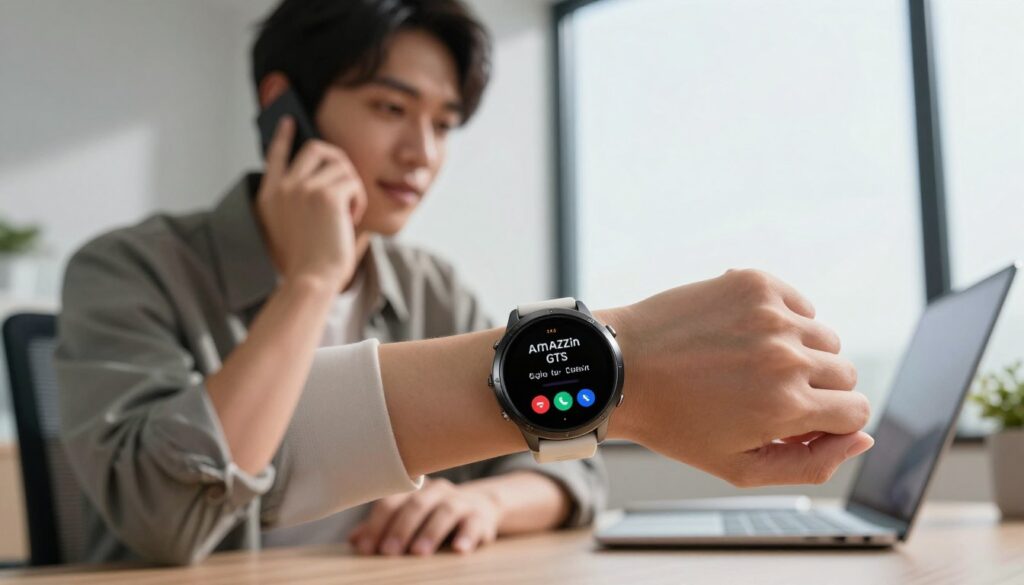 A sleek Amazfit GTS smartwatch is prominently displayed in the foreground, showcasing its sleek design, vibrant touchscreen, and a call interface. The watch is semi-opened to reveal an incoming call notification, indicating its calling functionality. In the middle ground, a user, dressed in smart casual attire, is holding their wrist to their ear, appearing engaged in a conversation. The setting is a modern office environment with subtle hints of technology in the background, such as a laptop and some digital gadgets. Soft, natural lighting filters through a large window, creating a warm and inviting atmosphere. The angle is slightly elevated, capturing the dynamic interaction between the user and the smartwatch, emphasizing its role as an intuitive communication tool.