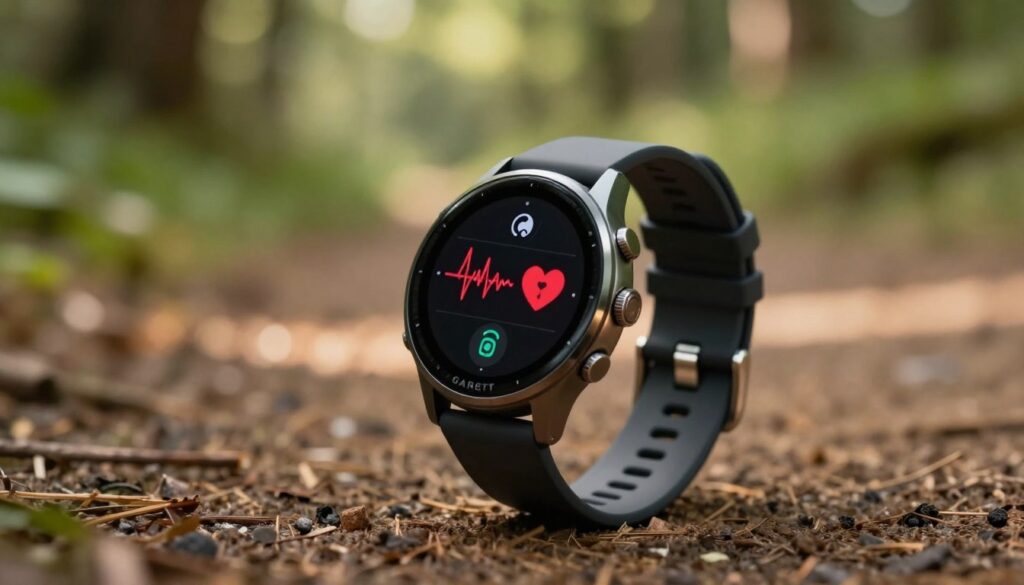 A sleek Garett smartwatch designed for active users, showcasing its advanced features like a heart rate monitor and pressure sensor. The smartwatch is situated in the foreground, accented by a close-up view of its vibrant display and interchangeable silicone band, emphasizing a sporty aesthetic. In the middle ground, a backdrop of a nature trail with blurred greenery suggests an outdoor environment, ideal for fitness enthusiasts. Soft, warm lighting filtering through the trees creates a dynamic and motivating atmosphere, conveying vitality and energy. The angle captures the watch from a slightly above perspective, highlighting its modern design and functionality while evoking a sense of innovation and lifestyle enhancement for active individuals.