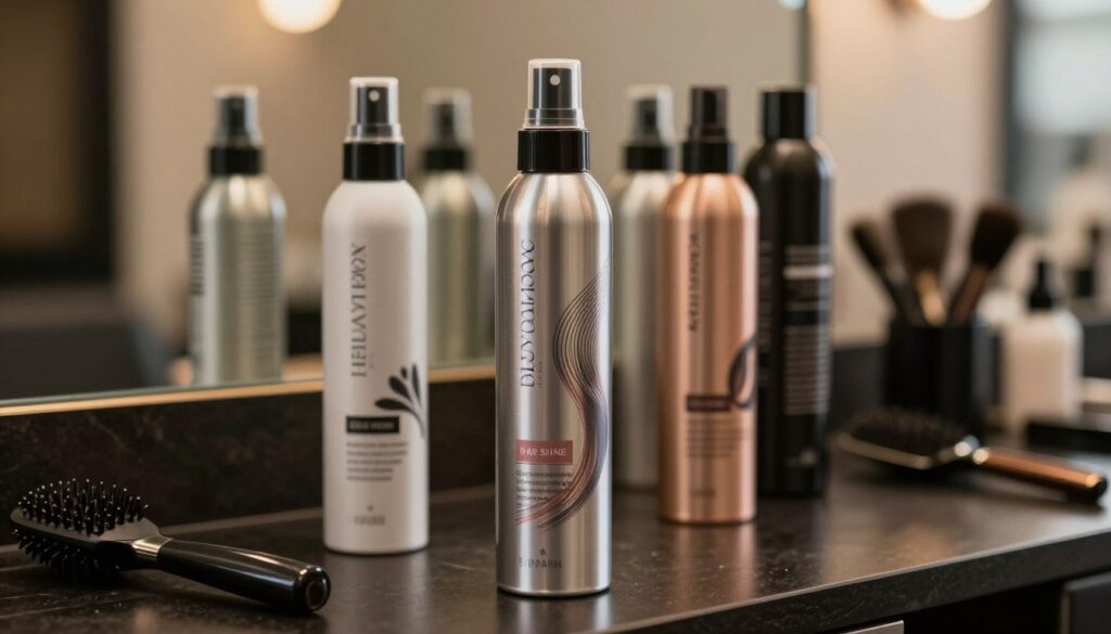 A sleek, elegant hair spray bottle placed prominently in the foreground, showcasing an artistic design with a glossy finish, reflecting soft light. The middle ground features a variety of hair sprays, each labeled for different hair types, emphasizing their unique purposes: volume, hold, and shine. In the background, a softly blurred salon setting creates a professional atmosphere, with hair styling tools and products subtly visible. The lighting is warm and inviting, creating a mood of sophistication and tranquility. The composition is shot at eye level, using a shallow depth of field to focus on the products while maintaining an atmospheric backdrop, ideal for illustrating the selection of hair sprays based on specific needs.