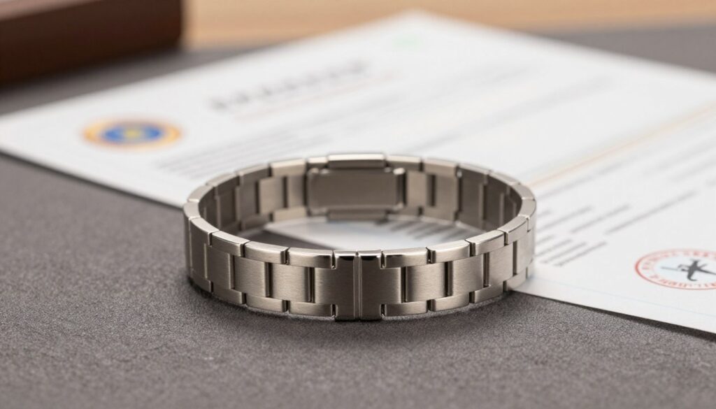 A sleek, elegant stainless steel bracelet displayed prominently in the foreground, showcasing its polished surface and intricate design. The bracelet is artistically placed on a textured, dark gray fabric that contrasts beautifully with its shine, enhancing its luxurious appearance. In the middle ground, softly blurred, are soft-focus images of quality certificates and safety assurance logos, subtly implying reliability and trust. The background is a warm, neutral tone, ensuring the bracelet remains the focal point while providing a serene and professional atmosphere. The lighting is warm and inviting, highlighting the bracelet's contours and sheen, creating a sense of elegance and durability. This composition conveys sophistication and confidence in quality, perfect for illustrating the associated themes of security and excellence. A sleek, elegant stainless steel bracelet displayed prominently in the foreground, showcasing its polished surface and intricate design. The bracelet is artistically placed on a textured, dark gray fabric that contrasts beautifully with its shine, enhancing its luxurious appearance. In the middle ground, softly blurred, are soft-focus images of quality certificates and safety assurance logos, subtly implying reliability and trust. The background is a warm, neutral tone, ensuring the bracelet remains the focal point while providing a serene and professional atmosphere. The lighting is warm and inviting, highlighting the bracelet's contours and sheen, creating a sense of elegance and durability. This composition conveys sophistication and confidence in quality, perfect for illustrating the associated themes of security and excellence.