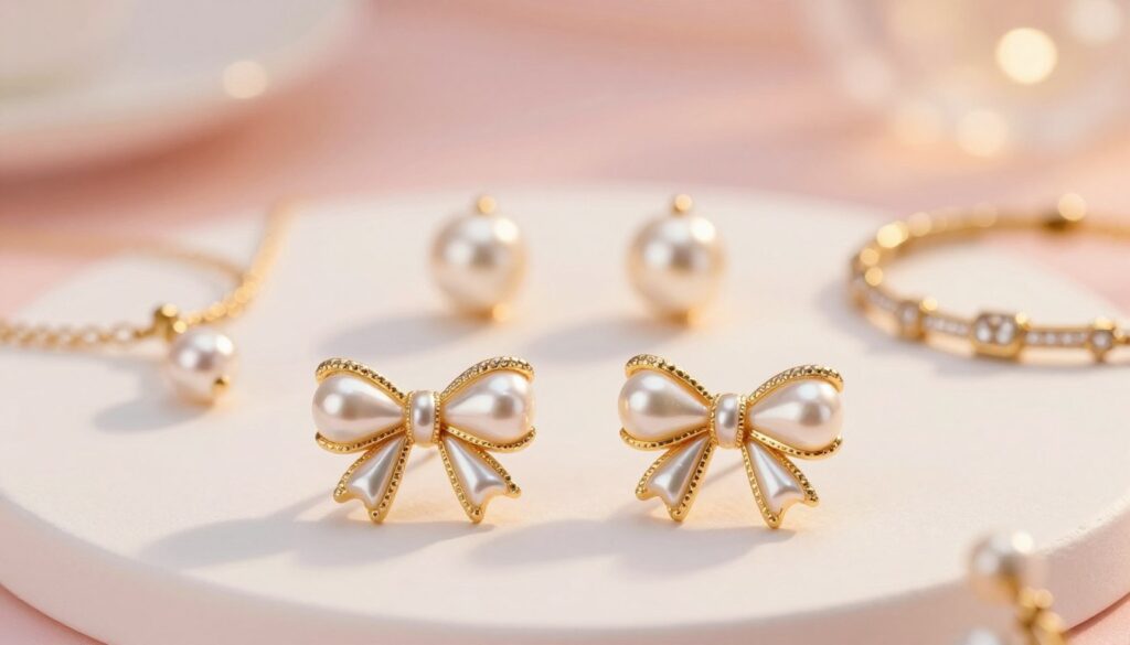 A sophisticated and elegant arrangement of bow-shaped earrings styled for various occasions. In the foreground, a close-up of beautiful pearl and gold earrings shaped like delicate bows, with intricate details highlighting their craftsmanship. The middle layer features a soft, blurred display of different accessories, such as elegant necklaces and bracelets that complement the earrings. The background is a softly lit, pastel-hued setting with gentle bokeh effects, creating a serene and romantic atmosphere. The lighting is warm and inviting, simulating a gentle afternoon glow that enhances the elegance of the accessories. The overall mood is feminine and charming, perfect for various occasions, from casual outings to formal events. A sophisticated and elegant arrangement of bow-shaped earrings styled for various occasions. In the foreground, a close-up of beautiful pearl and gold earrings shaped like delicate bows, with intricate details highlighting their craftsmanship. The middle layer features a soft, blurred display of different accessories, such as elegant necklaces and bracelets that complement the earrings. The background is a softly lit, pastel-hued setting with gentle bokeh effects, creating a serene and romantic atmosphere. The lighting is warm and inviting, simulating a gentle afternoon glow that enhances the elegance of the accessories. The overall mood is feminine and charming, perfect for various occasions, from casual outings to formal events.