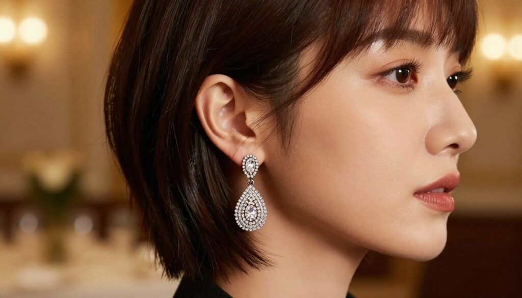 A sophisticated close-up of a woman's ear adorned with elegant earrings designed for short-haired individuals. The focus is on a pair of sparkling drop earrings, featuring intricate beadwork and shimmering gemstones that catch the light. The woman has neatly styled short hair, exuding confidence and elegance. The background features a softly blurred upscale evening setting, hinting at a special occasion, filled with warm golden lights that create an inviting atmosphere. The lighting is soft and flattering, casting gentle highlights on the earrings and the woman's face. The angle is slightly tilted to emphasize her hairstyle and the jewelry, capturing a sense of sophistication and charm that aligns with memorable outings. A sophisticated close-up of a woman's ear adorned with elegant earrings designed for short-haired individuals. The focus is on a pair of sparkling drop earrings, featuring intricate beadwork and shimmering gemstones that catch the light. The woman has neatly styled short hair, exuding confidence and elegance. The background features a softly blurred upscale evening setting, hinting at a special occasion, filled with warm golden lights that create an inviting atmosphere. The lighting is soft and flattering, casting gentle highlights on the earrings and the woman's face. The angle is slightly tilted to emphasize her hairstyle and the jewelry, capturing a sense of sophistication and charm that aligns with memorable outings.