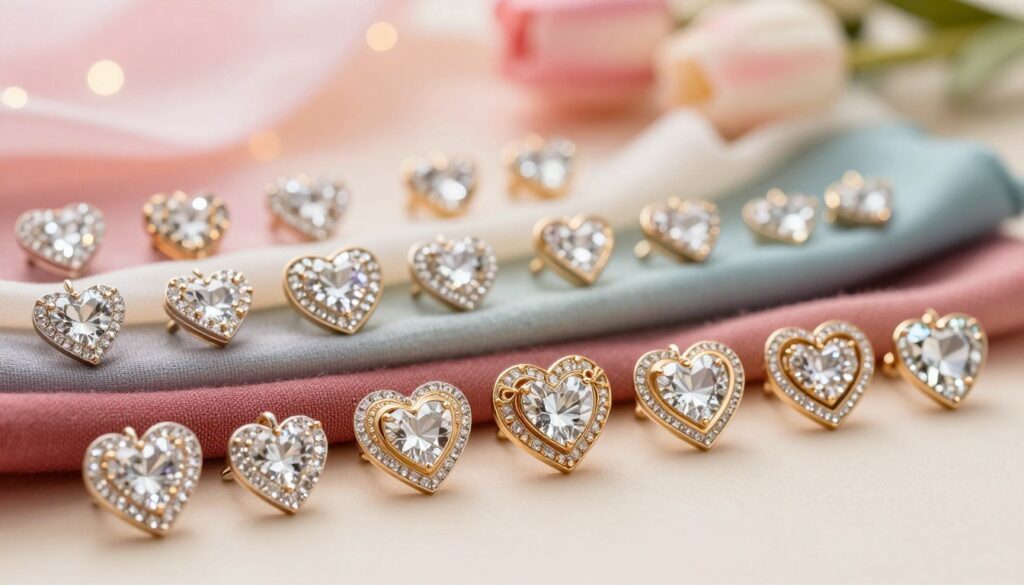 A stunning array of heart patterns showcasing diversity in design, each heart adorned with sparkling zirconia for a romantic touch. In the foreground, a collection of intricately designed earrings shaped like hearts, varying in size and style, from minimalist geometric shapes to ornate vintage patterns. The middle layer features a softly blurred display of colorful fabrics and materials that complement the earring designs, creating a rich tapestry of textures. The background includes a delicate bokeh effect with soft pastel colors, enhancing the dreamy atmosphere. The overall lighting should be warm and inviting, highlighting the shimmer of the zirconia stones. Capture from a slight angle to create depth and interest, evoking feelings of love and elegance.