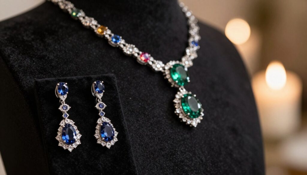 A stunning close-up of elegant jewelry designed to complement a black dress, featuring sparkling gemstones and colorful accents. The foreground showcases a pair of exquisite earrings adorned with sapphires and diamonds, delicately hanging from a velvet display. In the middle, a chic necklace with a deep emerald centerpiece elegantly contrasts against the rich texture of the black dress fabric. The background features soft, blurred lights, evoking a warm and sophisticated atmosphere akin to a wedding or elegant evening event. The lighting is subtle, highlighting the reflections on the gems while maintaining a balanced glow. The composition should be refined yet inviting, capturing the essence of luxury and style suitable for formal occasions. A stunning close-up of elegant jewelry designed to complement a black dress, featuring sparkling gemstones and colorful accents. The foreground showcases a pair of exquisite earrings adorned with sapphires and diamonds, delicately hanging from a velvet display. In the middle, a chic necklace with a deep emerald centerpiece elegantly contrasts against the rich texture of the black dress fabric. The background features soft, blurred lights, evoking a warm and sophisticated atmosphere akin to a wedding or elegant evening event. The lighting is subtle, highlighting the reflections on the gems while maintaining a balanced glow. The composition should be refined yet inviting, capturing the essence of luxury and style suitable for formal occasions.