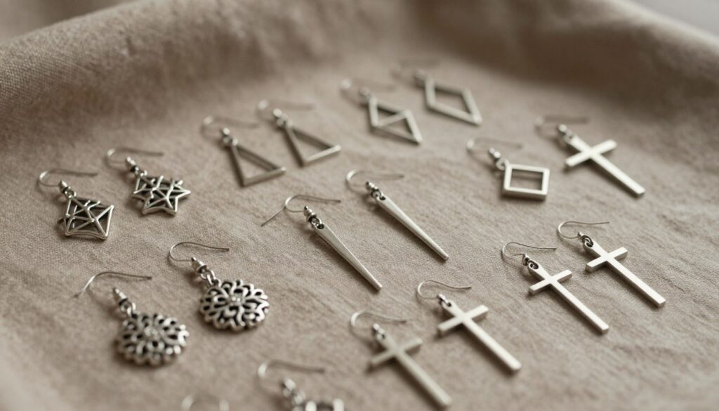 A stunning collection of diverse earrings arranged elegantly on a soft, textured fabric background. The earrings showcase a variety of designs, including geometric shapes, floral patterns, and minimalist crosses, crafted from polished surgical steel. The foreground features intricate details of each earring, reflecting the light with a subtle shine. In the middle, a selection of earrings displays varying lengths and styles, each uniquely appealing. The background is softly blurred, enhancing the focus on the earrings while maintaining a rich, warm ambiance. The scene is lit with soft, diffused lighting to create an inviting atmosphere, capturing the edgy yet minimalist essence of rock-inspired jewelry. The composition should evoke a sense of artistic diversity and sophistication. A stunning collection of diverse earrings arranged elegantly on a soft, textured fabric background. The earrings showcase a variety of designs, including geometric shapes, floral patterns, and minimalist crosses, crafted from polished surgical steel. The foreground features intricate details of each earring, reflecting the light with a subtle shine. In the middle, a selection of earrings displays varying lengths and styles, each uniquely appealing. The background is softly blurred, enhancing the focus on the earrings while maintaining a rich, warm ambiance. The scene is lit with soft, diffused lighting to create an inviting atmosphere, capturing the edgy yet minimalist essence of rock-inspired jewelry. The composition should evoke a sense of artistic diversity and sophistication.