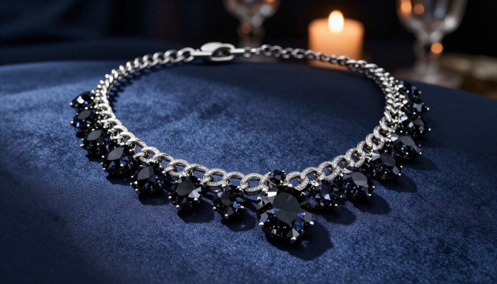 A stunning evening necklace featuring intricate designs with black crystals, expertly placed to catch the light. The foreground showcases the necklace on a soft, elegant fabric background in deep shades of navy blue, enhancing the luxurious feel. The middle layer features delicate silver chain links, seamlessly integrated with the sparkling black crystals that reflect a soft glow. In the background, a blurred image of an upscale evening setting, with dim candlelight creating an intimate atmosphere. The lighting should emphasize the brilliance of the crystals, casting subtle highlights and shadows that convey elegance and sophistication. The scene should evoke a mood of refinement, perfect for a glamorous evening look. A stunning evening necklace featuring intricate designs with black crystals, expertly placed to catch the light. The foreground showcases the necklace on a soft, elegant fabric background in deep shades of navy blue, enhancing the luxurious feel. The middle layer features delicate silver chain links, seamlessly integrated with the sparkling black crystals that reflect a soft glow. In the background, a blurred image of an upscale evening setting, with dim candlelight creating an intimate atmosphere. The lighting should emphasize the brilliance of the crystals, casting subtle highlights and shadows that convey elegance and sophistication. The scene should evoke a mood of refinement, perfect for a glamorous evening look.