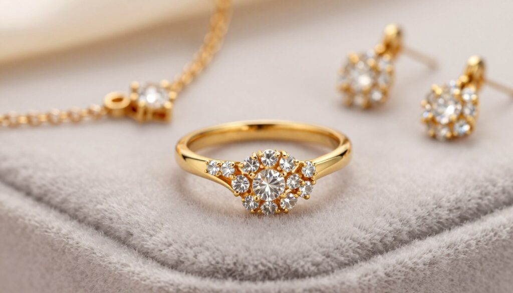 A stunning gold ring embellished with sparkling crystals, artistically designed to reflect contemporary jewelry trends. The foreground showcases the ring on a soft, luxurious velvet surface, highlighting the intricate details of each crystal and the gleam of gold. In the middle ground, delicate hints of elegant jewelry elements, such as a shimmering necklace and matching earrings, subtly fade into view, creating a harmonious blend. The background is softly blurred with warm, ambient lighting that accentuates the brilliance of the gold and the facets of the crystals. This scene evokes a sense of sophistication and allure, ideal for everyday wear or a thoughtful gift, capturing the essence of refined style in jewelry design. A stunning gold ring embellished with sparkling crystals, artistically designed to reflect contemporary jewelry trends. The foreground showcases the ring on a soft, luxurious velvet surface, highlighting the intricate details of each crystal and the gleam of gold. In the middle ground, delicate hints of elegant jewelry elements, such as a shimmering necklace and matching earrings, subtly fade into view, creating a harmonious blend. The background is softly blurred with warm, ambient lighting that accentuates the brilliance of the gold and the facets of the crystals. This scene evokes a sense of sophistication and allure, ideal for everyday wear or a thoughtful gift, capturing the essence of refined style in jewelry design.