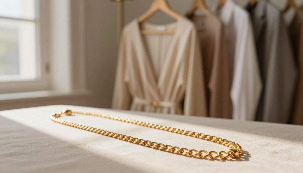 A stunning long gold necklace elegantly draped on a simple, soft-fabric surface. In the foreground, the necklace features intricate detailing and shimmering gold links, catching the light beautifully, creating a warm glow. The middle ground showcases a luxurious dress hanging on a wooden hanger, complementing the necklace’s style. A soft-focus background includes a tasteful assortment of elegant clothing pieces like a classic sweater and a tailored shirt, hinting at versatility in styling. The scene is illuminated with soft, natural light streaming in from a window, evoking a warm and inviting atmosphere. The overall mood is sophisticated and timeless, reflecting jewelry as a powerful expression of personality.