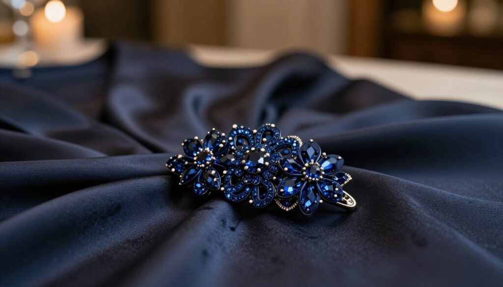 A stunning navy blue brooch, elegantly designed with intricate floral motifs and shimmering gemstones, resting delicately on a luxurious evening dress. The foreground features the brooch prominently, capturing its details like sparkling facets and smooth curves. In the middle ground, a softly flowing silk dress in rich, dark tones complements the brooch, highlighting the elegance of evening wear. The background is softly blurred, suggesting a sophisticated atmosphere, perhaps with dimly lit ambient lights that create a warm, inviting glow. The overall mood is refined and enchanting, perfect for a formal occasion. Use soft, diffused lighting to enhance the brooch’s luster and the fabric's texture, captured from a slightly elevated angle to showcase both the accessory and the garment beautifully. A stunning navy blue brooch, elegantly designed with intricate floral motifs and shimmering gemstones, resting delicately on a luxurious evening dress. The foreground features the brooch prominently, capturing its details like sparkling facets and smooth curves. In the middle ground, a softly flowing silk dress in rich, dark tones complements the brooch, highlighting the elegance of evening wear. The background is softly blurred, suggesting a sophisticated atmosphere, perhaps with dimly lit ambient lights that create a warm, inviting glow. The overall mood is refined and enchanting, perfect for a formal occasion. Use soft, diffused lighting to enhance the brooch’s luster and the fabric's texture, captured from a slightly elevated angle to showcase both the accessory and the garment beautifully.