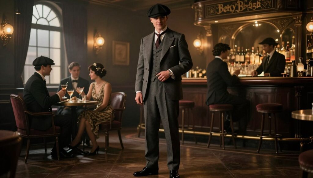 A stylish 1920s gangster in a sharp grey three-piece suit, complete with a waistcoat and pocket watch, stands confidently in the foreground. His attire is complemented by a classic newsboy cap and polished black shoes. The character, portrayed with a subtle smirk, embodies the essence of the Peaky Blinders. In the middle ground, a smoky, dimly lit speakeasy setting reveals extravagant vintage decor, arched windows, and patrons in retro outfits, sipping cocktails. The background features a softly glowing bar filled with bottles, illuminated by warm, ambient lighting, creating a moody and sophisticated atmosphere reminiscent of the roaring twenties. A shallow depth of field emphasizes the main subject, while soft shadows enhance the overall dramatic effect. A stylish 1920s gangster in a sharp grey three-piece suit, complete with a waistcoat and pocket watch, stands confidently in the foreground. His attire is complemented by a classic newsboy cap and polished black shoes. The character, portrayed with a subtle smirk, embodies the essence of the Peaky Blinders. In the middle ground, a smoky, dimly lit speakeasy setting reveals extravagant vintage decor, arched windows, and patrons in retro outfits, sipping cocktails. The background features a softly glowing bar filled with bottles, illuminated by warm, ambient lighting, creating a moody and sophisticated atmosphere reminiscent of the roaring twenties. A shallow depth of field emphasizes the main subject, while soft shadows enhance the overall dramatic effect.