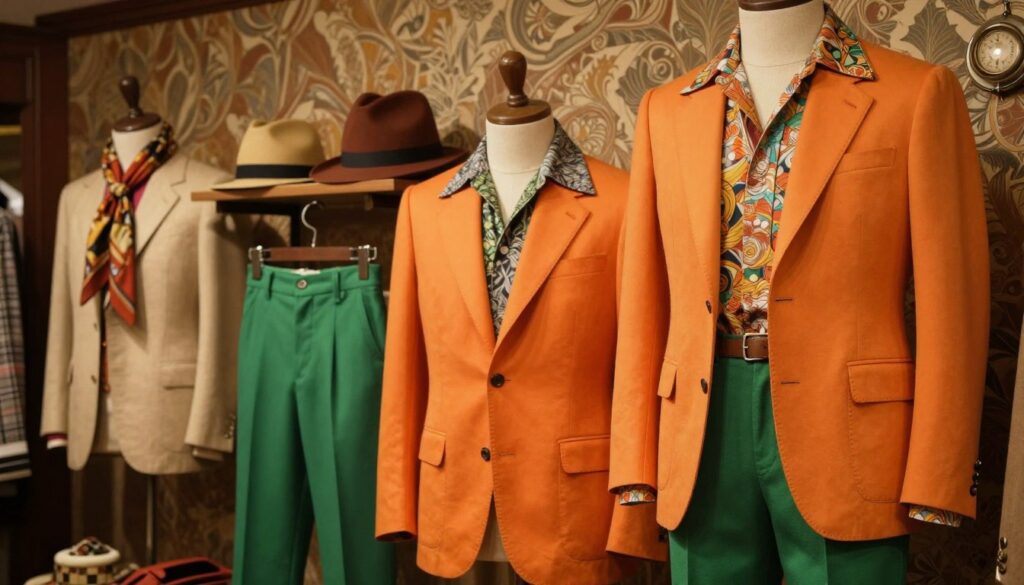 A stylish 1970s men's wardrobe display featuring a variety of colorful outfits and fabrics. In the foreground, showcase a classic tailored blazer in vibrant orange with a patterned shirt underneath, complemented by deep green trousers. The middle ground includes accessories like patterned scarves and hats characteristic of the era, with rich textures that invite touch. The background features a muted retro wallpaper in earth tones, setting a nostalgic atmosphere. Soft, warm lighting illuminates the scene, creating a cozy and inviting mood, with a slightly blurred depth of field that emphasizes the wardrobe and its colors. The angle captures the essence of a fashion showcase, highlighting the boldness and creativity of 1970s menswear.