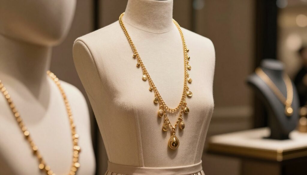 A stylish and elegant long gold necklace, intricately designed with delicate charms that glisten under soft ambient lighting. The necklace is draped gracefully over a mannequin adorned with a sophisticated dress, showcasing various ways to wear it. In the foreground, focus on the shimmering details of the necklace, highlighting its luxurious texture and craftsmanship. The middle layer features the mannequin dressed in a chic, modest outfit, such as a soft knitted sweater or a classic blouse, bringing out the versatility of the necklace. The background is softly blurred with a warm, inviting ambiance, accentuated by a subtle out-of-focus display of other jewelry pieces, creating a curated, fashionable atmosphere that embodies a unique style.