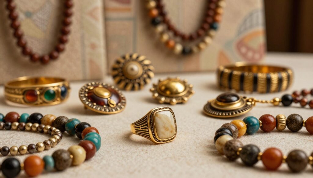 A stylish assortment of men's jewelry from the 1970s, featuring bold statement rings, layered beaded necklaces, and textured bracelets. The foreground showcases a close-up of a chic gold ring with intricate detailing, surrounded by colorful beaded jewelry in rich earthy tones. In the middle, a selection of vintage brooches adds a touch of elegance, while a backdrop of subtle, muted patterns reminiscent of 70s fashion creates an authentic atmosphere. Soft, ambient lighting highlights the jewelry's textures and colors, casting gentle shadows that enhance the pieces’ dimensionality and character. The mood is eclectic yet refined, capturing the essence of bold men's accessories that defined a generation.