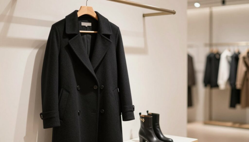 A stylish black coat draped elegantly on a wooden hanger in a minimalist, well-lit boutique setting. The foreground features the coat's rich texture and intricate detailing, including a classic collar and tailored fit, showcasing its versatility for autumn and winter fashion. In the middle ground, glimpses of elegant ankle boots with subtle embellishments are partially visible, suggesting footwear options that complement the coat's style. The background is softly blurred to highlight the coat, featuring neutral-toned décor and soft ambient lighting to create a warm, inviting atmosphere. The scene conveys a sense of sophistication and timeless fashion, inviting viewers to envision the coat in various stylish ensembles suitable for different occasions.