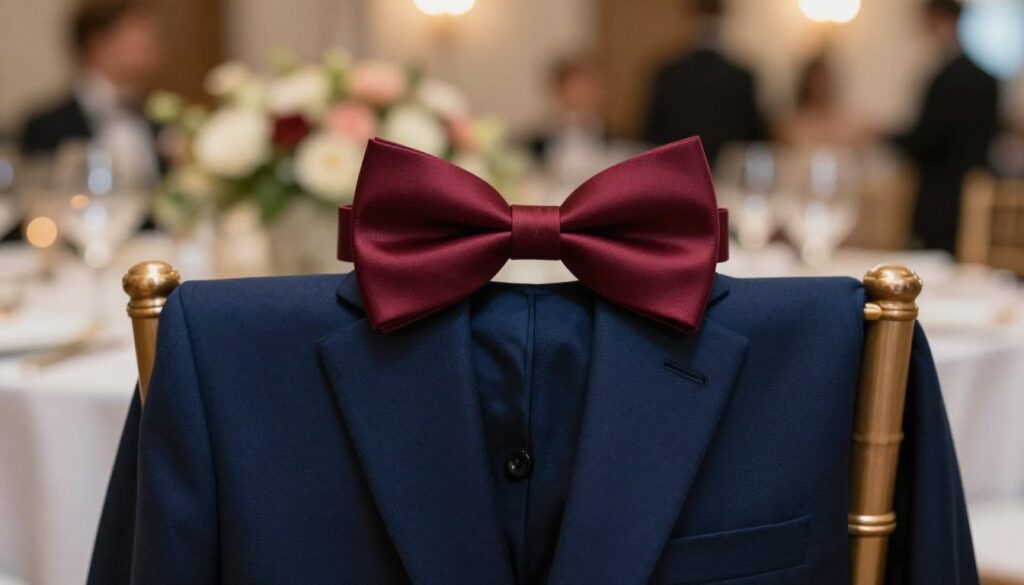 A stylish bow tie in rich burgundy color, perfectly paired with a classic dark blue suit. The bow tie is elegantly displayed, tied neatly, showcasing its smooth satin texture with subtle sheen. In the foreground, the suit jacket is gently draped over a wooden chair, hinting at a sophisticated wedding or formal event. In the middle ground, hints of a lavishly decorated banquet table adorned with delicate floral arrangements can be seen, adding a touch of elegance and celebration. The background features soft, ambient lighting, creating a warm and inviting atmosphere, with blurred silhouettes of guests mingling. The image should evoke a sense of refinement and occasion, emphasizing the perfect accessory for formal attire without any distractions or text elements. A stylish bow tie in rich burgundy color, perfectly paired with a classic dark blue suit. The bow tie is elegantly displayed, tied neatly, showcasing its smooth satin texture with subtle sheen. In the foreground, the suit jacket is gently draped over a wooden chair, hinting at a sophisticated wedding or formal event. In the middle ground, hints of a lavishly decorated banquet table adorned with delicate floral arrangements can be seen, adding a touch of elegance and celebration. The background features soft, ambient lighting, creating a warm and inviting atmosphere, with blurred silhouettes of guests mingling. The image should evoke a sense of refinement and occasion, emphasizing the perfect accessory for formal attire without any distractions or text elements.