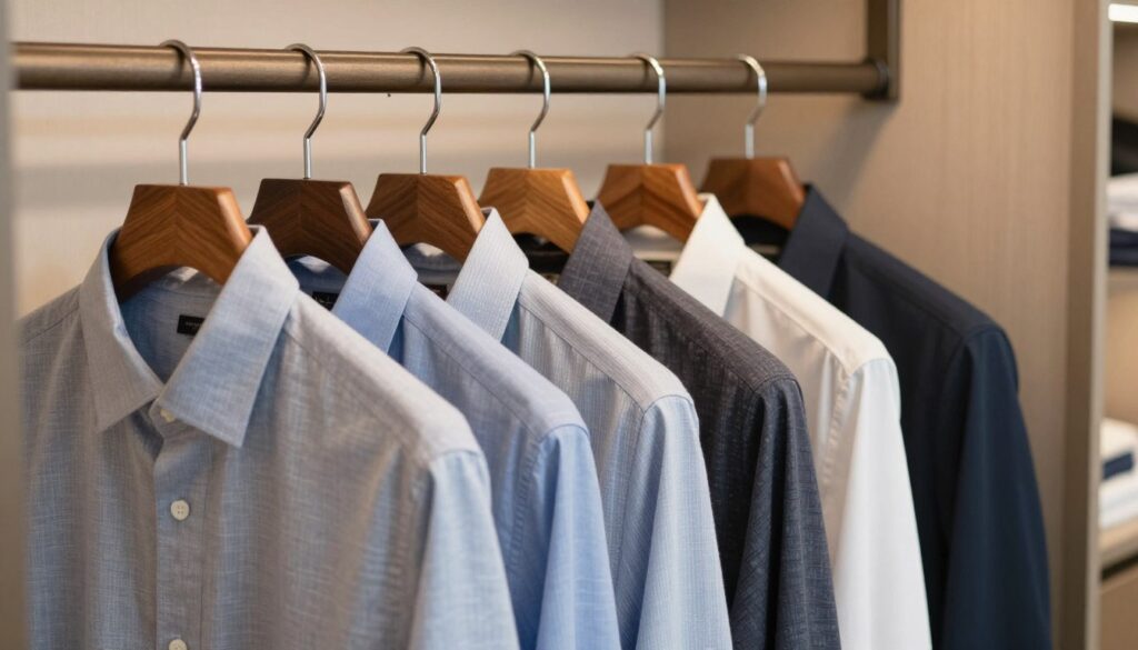 A stylish collection of elegant men's shirts displayed on a modern wooden hanger against a soft, neutral-toned wall. The foreground features a variety of shirts in different colors and patterns, showcasing quality fabrics such as cotton and linen, with crisp collars and tailored fits. The middle ground accentuates the detail of the shirts, while a subtle, diffused lighting accentuates the textures and colors, creating a warm and inviting atmosphere. In the background, a well-organized wardrobe suggests sophistication and a sense of style. The angle is slightly above eye level, providing a comprehensive view of the shirts, creating an atmosphere of professionalism and elegance. A stylish collection of elegant men's shirts displayed on a modern wooden hanger against a soft, neutral-toned wall. The foreground features a variety of shirts in different colors and patterns, showcasing quality fabrics such as cotton and linen, with crisp collars and tailored fits. The middle ground accentuates the detail of the shirts, while a subtle, diffused lighting accentuates the textures and colors, creating a warm and inviting atmosphere. In the background, a well-organized wardrobe suggests sophistication and a sense of style. The angle is slightly above eye level, providing a comprehensive view of the shirts, creating an atmosphere of professionalism and elegance.