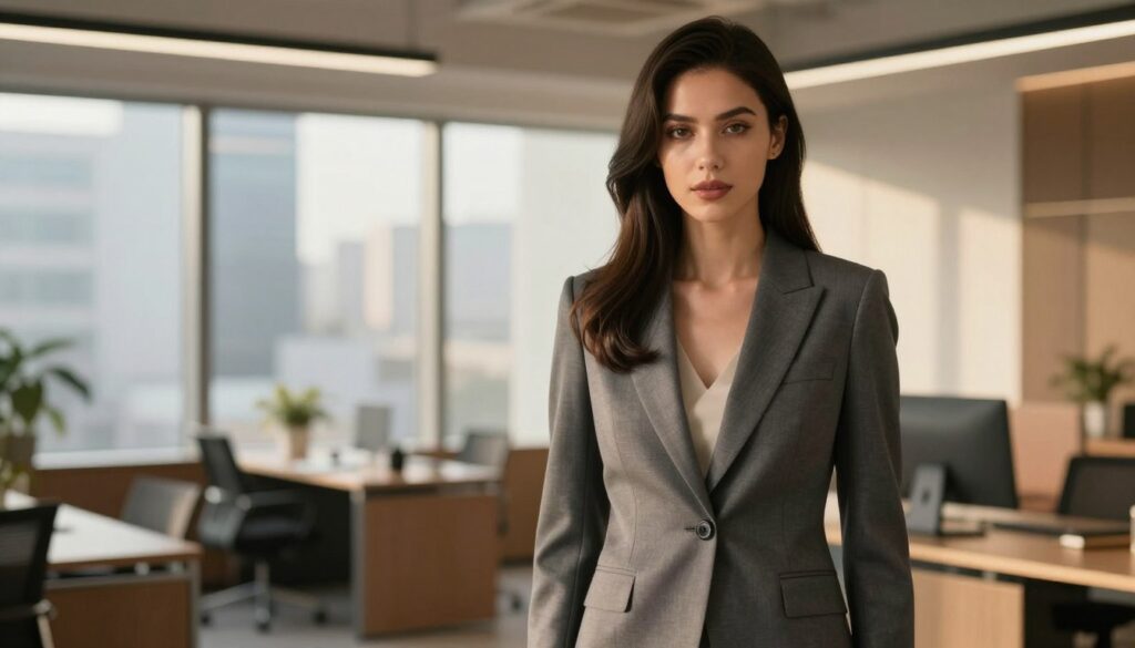 A stylish female model wearing a tailored women's suit stands confidently in the foreground, showcasing a modern haircut that complements her professional attire. Her hair is sleek and elegantly styled, with soft waves cascading down her shoulders, highlighting her sophisticated look. The middle ground features a softly blurred urban office environment with contemporary furniture and large windows that allow natural light to flood the space, enhancing the mood of professionalism and elegance. The overall composition is inspirational, capturing the essence of contemporary women's fashion. The lighting is warm and inviting, with a focus on the model, creating a polished and sophisticated atmosphere. Ensure the image is devoid of any text, watermarks, or other distracting elements. A stylish female model wearing a tailored women's suit stands confidently in the foreground, showcasing a modern haircut that complements her professional attire. Her hair is sleek and elegantly styled, with soft waves cascading down her shoulders, highlighting her sophisticated look. The middle ground features a softly blurred urban office environment with contemporary furniture and large windows that allow natural light to flood the space, enhancing the mood of professionalism and elegance. The overall composition is inspirational, capturing the essence of contemporary women's fashion. The lighting is warm and inviting, with a focus on the model, creating a polished and sophisticated atmosphere. Ensure the image is devoid of any text, watermarks, or other distracting elements.