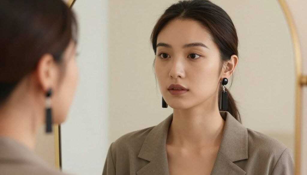 A stylish female model with an oval face shape, dressed in elegant, modest casual attire, is showcasing a pair of stunning black hanging silver earrings that provide a striking contrast against her skin tone. Her hair is tied back to accentuate her facial features, and she stands in front of a softly lit mirror, allowing a subtle reflection to enhance the image. The background is blurred with soft pastel colors to create a serene, harmonious atmosphere that emphasizes the beauty of the accessories. The lighting is warm and inviting, highlighting the intricate details of the earrings, while a shallow depth of field focuses on her face, conveying a mood of sophistication and elegance. A stylish female model with an oval face shape, dressed in elegant, modest casual attire, is showcasing a pair of stunning black hanging silver earrings that provide a striking contrast against her skin tone. Her hair is tied back to accentuate her facial features, and she stands in front of a softly lit mirror, allowing a subtle reflection to enhance the image. The background is blurred with soft pastel colors to create a serene, harmonious atmosphere that emphasizes the beauty of the accessories. The lighting is warm and inviting, highlighting the intricate details of the earrings, while a shallow depth of field focuses on her face, conveying a mood of sophistication and elegance.