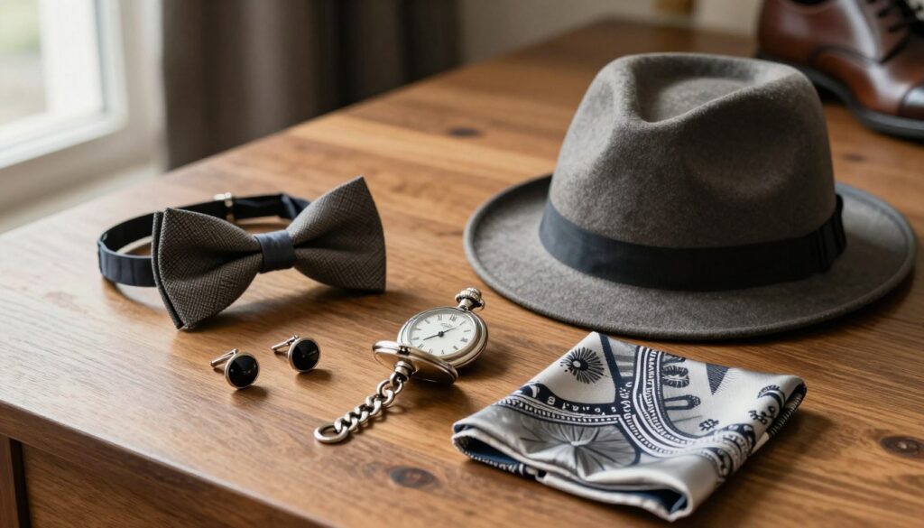A stylish flat lay image showcasing essential male fashion accessories from the 1920s, including a well-tailored bow tie, polished cufflinks, a vintage pocket watch, a classic fedora hat, and a silk handkerchief. Arrange these items elegantly on a textured wooden table, enhancing the overall sophistication. Soft, natural light streams in from the left, creating gentle shadows that add depth. The background subtly features a blurred, classic suit jacket and a pair of leather shoes, suggesting a refined atmosphere. Capture this composition from a slightly elevated angle to emphasize the layering and details of each accessory. The mood should evoke timeless elegance and charm, reflecting the essence of male fashion in the 1920s without any text or distractions. A stylish flat lay image showcasing essential male fashion accessories from the 1920s, including a well-tailored bow tie, polished cufflinks, a vintage pocket watch, a classic fedora hat, and a silk handkerchief. Arrange these items elegantly on a textured wooden table, enhancing the overall sophistication. Soft, natural light streams in from the left, creating gentle shadows that add depth. The background subtly features a blurred, classic suit jacket and a pair of leather shoes, suggesting a refined atmosphere. Capture this composition from a slightly elevated angle to emphasize the layering and details of each accessory. The mood should evoke timeless elegance and charm, reflecting the essence of male fashion in the 1920s without any text or distractions.