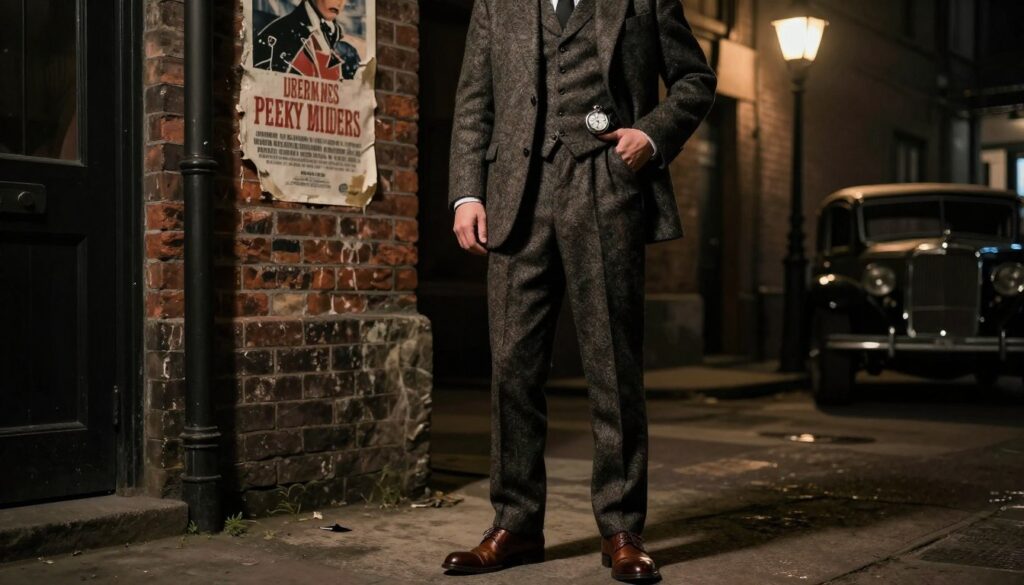 A stylish gangster from the 1920s stands confidently in a moody, urban alley, embodying the "Peaky Blinders" aesthetic. He wears a three-piece tweed suit, complete with a flat cap, showcasing intricate details and a slightly distressed texture to evoke a vintage feel. The foreground features his polished brown leather shoes and the glint of a silver pocket watch peeking from his vest. The middle ground captures a brick wall adorned with fading posters, enhancing the retro atmosphere, while a dim street lamp casts dramatic shadows. In the background, an old car subtly hints at the era without overwhelming the scene. The lighting is low, emphasizing a cinematic ambiance with rich contrasts and deep shadows, creating a sense of intrigue and authenticity. A stylish gangster from the 1920s stands confidently in a moody, urban alley, embodying the "Peaky Blinders" aesthetic. He wears a three-piece tweed suit, complete with a flat cap, showcasing intricate details and a slightly distressed texture to evoke a vintage feel. The foreground features his polished brown leather shoes and the glint of a silver pocket watch peeking from his vest. The middle ground captures a brick wall adorned with fading posters, enhancing the retro atmosphere, while a dim street lamp casts dramatic shadows. In the background, an old car subtly hints at the era without overwhelming the scene. The lighting is low, emphasizing a cinematic ambiance with rich contrasts and deep shadows, creating a sense of intrigue and authenticity.