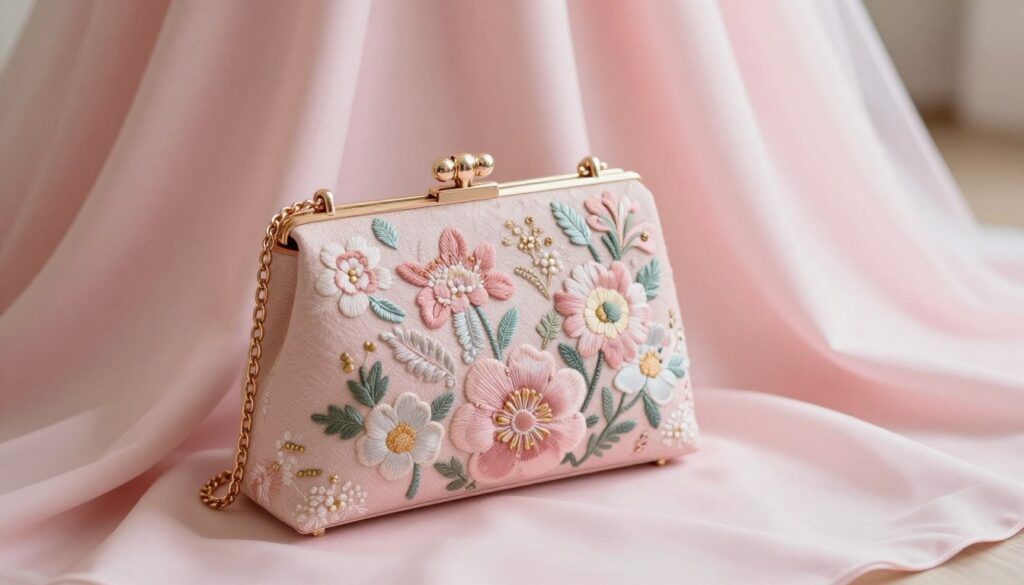 A stylish handbag (torebka) elegantly placed on a soft pink fabric backdrop, representing key accessories for a wedding outfit. The handbag features intricate floral embroidery in pastel shades, complemented by delicate gold accents and a sleek chain strap. The composition captures the handbag in the foreground, with a blurred soft-focus effect on the background, creating a dreamy atmosphere. Warm, diffused lighting highlights the textures and details of the handbag, adding a touch of sophistication. The scene evokes a sense of elegance and celebration, showcasing how the right accessory enhances a pink dress for a wedding. The angle should be slightly tilted, offering a unique perspective while maintaining clarity and prominence of the handbag. A stylish handbag (torebka) elegantly placed on a soft pink fabric backdrop, representing key accessories for a wedding outfit. The handbag features intricate floral embroidery in pastel shades, complemented by delicate gold accents and a sleek chain strap. The composition captures the handbag in the foreground, with a blurred soft-focus effect on the background, creating a dreamy atmosphere. Warm, diffused lighting highlights the textures and details of the handbag, adding a touch of sophistication. The scene evokes a sense of elegance and celebration, showcasing how the right accessory enhances a pink dress for a wedding. The angle should be slightly tilted, offering a unique perspective while maintaining clarity and prominence of the handbag.
