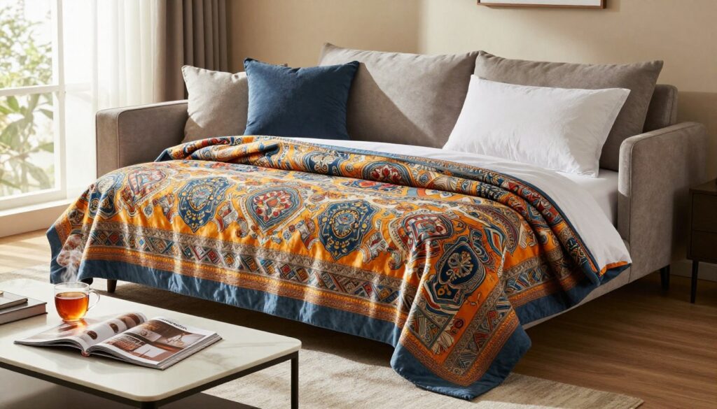 A stylish interior scene showcasing a cozy living room featuring a beautifully draped bedspread over a sleek, modern couch. The bedspread is vibrant, with intricate patterns that catch the eye, suggesting quality and design. In the foreground, a neatly arranged coffee table displays a few interior design magazines and a mug of steaming tea, inviting comfort and relaxation. In the middle, the couch is adorned with plush throw pillows that complement the bedspread. The background includes a warm, softly lit ambiance created by a large window letting in natural light, casting gentle shadows across the room. The atmosphere is inviting and stylish, showcasing the potential for transforming a space with thoughtful decor choices. The image captures the essence of searching for the best offers in home decor with elegance and clarity. A stylish interior scene showcasing a cozy living room featuring a beautifully draped bedspread over a sleek, modern couch. The bedspread is vibrant, with intricate patterns that catch the eye, suggesting quality and design. In the foreground, a neatly arranged coffee table displays a few interior design magazines and a mug of steaming tea, inviting comfort and relaxation. In the middle, the couch is adorned with plush throw pillows that complement the bedspread. The background includes a warm, softly lit ambiance created by a large window letting in natural light, casting gentle shadows across the room. The atmosphere is inviting and stylish, showcasing the potential for transforming a space with thoughtful decor choices. The image captures the essence of searching for the best offers in home decor with elegance and clarity.