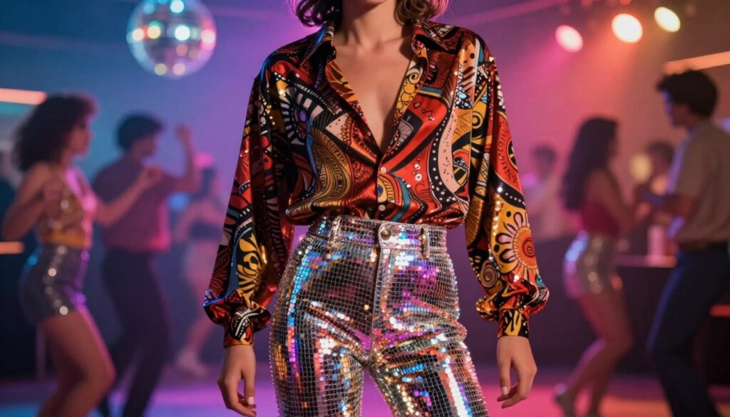 A stylish male figure from the 1980s stands confidently, showcasing high-waisted disco pants that shimmer under vibrant colored lights. The foreground features sequined textiles reflecting a warm glow, while the middle layer captures the subject adorned with a bold patterned shirt, unbuttoned at the collar, and sleek wavy hair. The background depicts a lively disco scene with swirling lights and dancing silhouettes, embodying the energetic atmosphere of the era. Soft-focus spots of neon colors add depth, creating a nostalgic feel. The lighting is dramatic, highlighting the textures of the clothing and the dynamic movement of the surrounding environment, evoking a sense of celebration and freedom prevalent in 80s fashion. A stylish male figure from the 1980s stands confidently, showcasing high-waisted disco pants that shimmer under vibrant colored lights. The foreground features sequined textiles reflecting a warm glow, while the middle layer captures the subject adorned with a bold patterned shirt, unbuttoned at the collar, and sleek wavy hair. The background depicts a lively disco scene with swirling lights and dancing silhouettes, embodying the energetic atmosphere of the era. Soft-focus spots of neon colors add depth, creating a nostalgic feel. The lighting is dramatic, highlighting the textures of the clothing and the dynamic movement of the surrounding environment, evoking a sense of celebration and freedom prevalent in 80s fashion.
