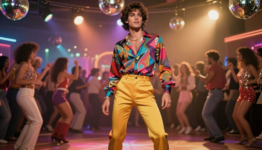 A stylish male figure wearing high-waisted pants, reminiscent of the 1980s disco fashion. The pants are brightly colored, featuring bold patterns and a tailored fit that emphasizes a retro aesthetic. He pairs these with a fitted, patterned shirt that complements the vibrant colors of the trousers, creating a cohesive look. The foreground captures the elegance of his outfit, while the middle ground shows a lively disco scene with shimmering lights and a dance floor. The background features a softly blurred crowd dancing, evoking a fun, energetic atmosphere typical of the 80s. Use warm, vibrant lighting to enhance the disco vibe, and a wide-angle lens to capture the full effect of the stylish ensemble and energetic surroundings. A stylish male figure wearing high-waisted pants, reminiscent of the 1980s disco fashion. The pants are brightly colored, featuring bold patterns and a tailored fit that emphasizes a retro aesthetic. He pairs these with a fitted, patterned shirt that complements the vibrant colors of the trousers, creating a cohesive look. The foreground captures the elegance of his outfit, while the middle ground shows a lively disco scene with shimmering lights and a dance floor. The background features a softly blurred crowd dancing, evoking a fun, energetic atmosphere typical of the 80s. Use warm, vibrant lighting to enhance the disco vibe, and a wide-angle lens to capture the full effect of the stylish ensemble and energetic surroundings.