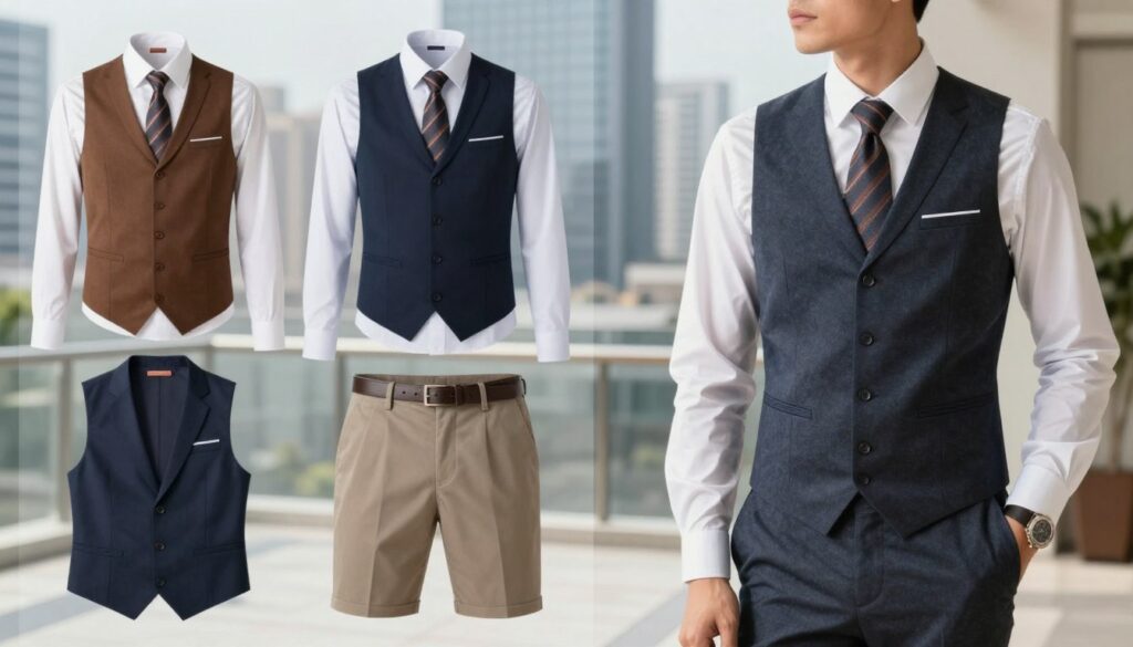 A stylish male model in a well-fitted, elegant vest stands in a well-lit urban setting, showcasing different common mistakes in vest selection and styling. In the foreground, highlight elements like mismatched colors, incorrect fit, and inappropriate fabric choices, depicted through visual examples such as tailored suits versus casual wear. In the middle ground, include a blend of accessories like ties and shirts that clash with the vest. The background features a modern cityscape, enhancing the sophisticated atmosphere. Use soft, natural lighting to create a polished look, captured from a slightly elevated angle to emphasize both the model and the issues displayed. The overall mood is informative yet stylish, inspiring readers to choose their vests wisely. A stylish male model in a well-fitted, elegant vest stands in a well-lit urban setting, showcasing different common mistakes in vest selection and styling. In the foreground, highlight elements like mismatched colors, incorrect fit, and inappropriate fabric choices, depicted through visual examples such as tailored suits versus casual wear. In the middle ground, include a blend of accessories like ties and shirts that clash with the vest. The background features a modern cityscape, enhancing the sophisticated atmosphere. Use soft, natural lighting to create a polished look, captured from a slightly elevated angle to emphasize both the model and the issues displayed. The overall mood is informative yet stylish, inspiring readers to choose their vests wisely.