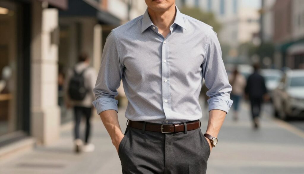 A stylish male model in his fifties stands confidently in a chic urban setting, wearing a well-fitted, elegant shirt that blends comfort with sophistication. The shirt features subtle patterns and is slightly rolled at the sleeves, reflecting a casual yet refined look. He's paired it with tailored trousers and polished loafers, exuding effortless class. The background consists of a softly blurred cityscape, suggesting a lively atmosphere. Warm, natural lighting bathes the scene, casting gentle shadows that enhance the textures of the fabric. The composition is shot from a mid-angle, capturing the model from the waist up, with a focus on his attire, showcasing how elegance can seamlessly merge with comfort in casual fashion. A stylish male model in his fifties stands confidently in a chic urban setting, wearing a well-fitted, elegant shirt that blends comfort with sophistication. The shirt features subtle patterns and is slightly rolled at the sleeves, reflecting a casual yet refined look. He's paired it with tailored trousers and polished loafers, exuding effortless class. The background consists of a softly blurred cityscape, suggesting a lively atmosphere. Warm, natural lighting bathes the scene, casting gentle shadows that enhance the textures of the fabric. The composition is shot from a mid-angle, capturing the model from the waist up, with a focus on his attire, showcasing how elegance can seamlessly merge with comfort in casual fashion.