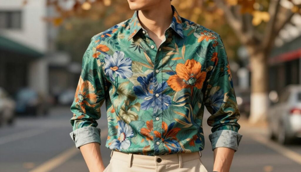 A stylish male model wearing a trendy, seasonally inspired button-up shirt, featuring a vibrant floral print in shades of green, blue, and orange. The model is posing confidently in a casual yet sophisticated manner, standing against a softly blurred urban landscape that hints at autumn, with falling leaves and city elements in the background. The lighting is warm and inviting, casting soft shadows that enhance the textures of the fabric. Captured from a slightly low angle to emphasize the model's outfit, the overall atmosphere is fresh and fashionable, embodying seasonal inspiration in men's fashion while maintaining an elegant simplicity. A stylish male model wearing a trendy, seasonally inspired button-up shirt, featuring a vibrant floral print in shades of green, blue, and orange. The model is posing confidently in a casual yet sophisticated manner, standing against a softly blurred urban landscape that hints at autumn, with falling leaves and city elements in the background. The lighting is warm and inviting, casting soft shadows that enhance the textures of the fabric. Captured from a slightly low angle to emphasize the model's outfit, the overall atmosphere is fresh and fashionable, embodying seasonal inspiration in men's fashion while maintaining an elegant simplicity.