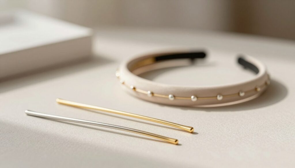 A stylish, minimalist hair accessories display, featuring elegant hairpins, sleek barrettes, and delicate headbands, all arranged on a light, textured surface. In the foreground, focus on a pair of gold and silver hairpins that catch the soft, natural light, highlighting their refined designs. The middle ground showcases a simple, chic headband with subtle embellishments, elegantly styled to complement a formal outfit. The background is softly blurred, with neutral tones that provide a sophisticated atmosphere, suggesting a modern elegance. The image is captured with a shallow depth of field using a macro lens, creating a warm, inviting mood that accentuates the beauty of minimalist hair accessories. A stylish, minimalist hair accessories display, featuring elegant hairpins, sleek barrettes, and delicate headbands, all arranged on a light, textured surface. In the foreground, focus on a pair of gold and silver hairpins that catch the soft, natural light, highlighting their refined designs. The middle ground showcases a simple, chic headband with subtle embellishments, elegantly styled to complement a formal outfit. The background is softly blurred, with neutral tones that provide a sophisticated atmosphere, suggesting a modern elegance. The image is captured with a shallow depth of field using a macro lens, creating a warm, inviting mood that accentuates the beauty of minimalist hair accessories.
