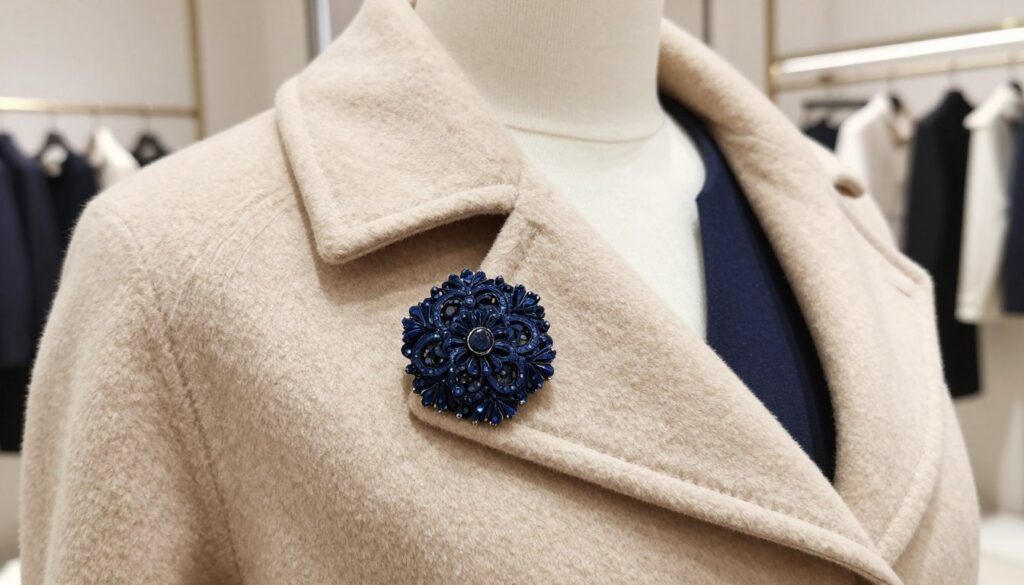 A stylish navy blue brooch, elegantly designed with intricate floral patterns and shimmering gemstones, rests gracefully on a light beige coat. In the foreground, the brooch glimmers under soft, diffused lighting, capturing the attention with its exquisite details. The middle layer features the collar and lapel of the coat, emphasizing the sophistication of the outfit. The background is slightly blurred, showcasing a hint of a modern, chic environment, such as a fashion boutique or an elegant dressing room. The atmosphere is warm and inviting, reflecting a sense of refined style and grace. The angle is slightly tilted, giving a dynamic view of the brooch as the focal point, enhancing its appeal as a perfect accessory for elevating an outfit. A stylish navy blue brooch, elegantly designed with intricate floral patterns and shimmering gemstones, rests gracefully on a light beige coat. In the foreground, the brooch glimmers under soft, diffused lighting, capturing the attention with its exquisite details. The middle layer features the collar and lapel of the coat, emphasizing the sophistication of the outfit. The background is slightly blurred, showcasing a hint of a modern, chic environment, such as a fashion boutique or an elegant dressing room. The atmosphere is warm and inviting, reflecting a sense of refined style and grace. The angle is slightly tilted, giving a dynamic view of the brooch as the focal point, enhancing its appeal as a perfect accessory for elevating an outfit.