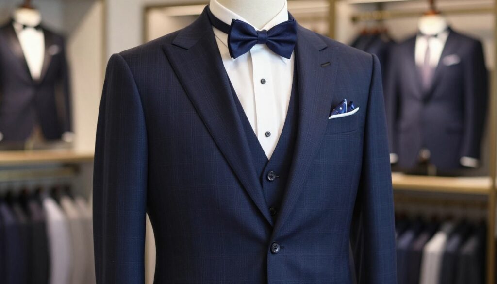 A stylish, navy blue suit displayed prominently in the foreground, showcasing an array of elegant patterns such as subtle pinstripes and delicate checks. The suit is complemented by a matching bow tie and pocket square, expertly arranged for a formal aesthetic. In the middle ground, a blurred boutique setting reflects a sophisticated atmosphere, with soft, ambient lighting casting gentle shadows to enhance the textures of the fabric. The background features elegantly arranged suits and ties, suggesting a high-end fashion selection for weddings, balls, and formal events. The overall mood is refined and classy, emphasizing the stylish coordination between the suit and accessories. The image captures an inviting spirit of elegance, suitable for showcasing the perfect look for upscale occasions. A stylish, navy blue suit displayed prominently in the foreground, showcasing an array of elegant patterns such as subtle pinstripes and delicate checks. The suit is complemented by a matching bow tie and pocket square, expertly arranged for a formal aesthetic. In the middle ground, a blurred boutique setting reflects a sophisticated atmosphere, with soft, ambient lighting casting gentle shadows to enhance the textures of the fabric. The background features elegantly arranged suits and ties, suggesting a high-end fashion selection for weddings, balls, and formal events. The overall mood is refined and classy, emphasizing the stylish coordination between the suit and accessories. The image captures an inviting spirit of elegance, suitable for showcasing the perfect look for upscale occasions.