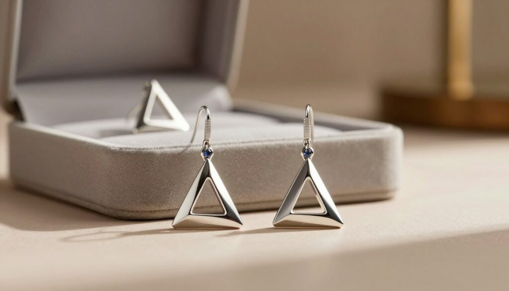 A stylish pair of triangle earrings displayed prominently in the foreground, expertly crafted from polished silver with geometric designs that catch the light. The earrings are adorned with small blue gemstones that shimmer subtly. In the middle ground, a soft-focus image of a minimalist jewelry box opens towards the viewer, showcasing additional pieces of similar geometric designs. The background features a softly blurred modern interior, with warm-toned lighting that creates an inviting and sophisticated atmosphere. Soft shadows enhance the depth of the scene, and the angle captures the earrings at a slight tilt, emphasizing their unique triangular shape. The overall mood is elegant and contemporary, appealing to fashionable individuals who appreciate modern geometric jewelry. A stylish pair of triangle earrings displayed prominently in the foreground, expertly crafted from polished silver with geometric designs that catch the light. The earrings are adorned with small blue gemstones that shimmer subtly. In the middle ground, a soft-focus image of a minimalist jewelry box opens towards the viewer, showcasing additional pieces of similar geometric designs. The background features a softly blurred modern interior, with warm-toned lighting that creates an inviting and sophisticated atmosphere. Soft shadows enhance the depth of the scene, and the angle captures the earrings at a slight tilt, emphasizing their unique triangular shape. The overall mood is elegant and contemporary, appealing to fashionable individuals who appreciate modern geometric jewelry.