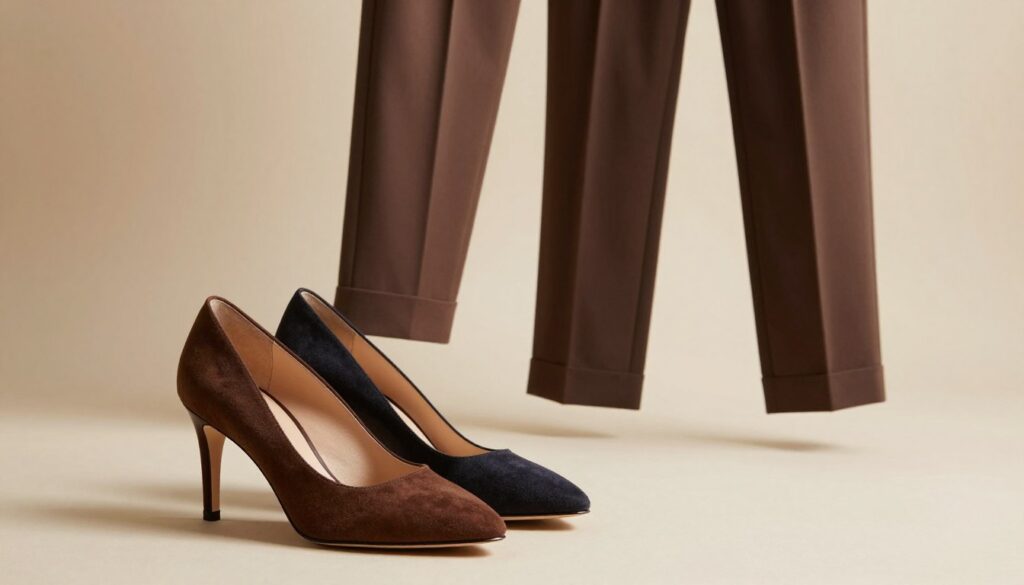 A stylish pair of women's shoes suitable for elegant trousers, placed prominently in the foreground. The shoes should be a chic design, such as classic stiletto heels or sophisticated loafers, made from high-quality materials like leather or suede, featuring rich colors or subtle patterns. In the middle background, a pair of tailored, elegant trousers hangs on a hanger, showcasing a modern cut that complements the shoes perfectly. The setting is a softly lit, minimalist fashion studio with warm lighting that highlights the textures of the shoes and trousers, creating a refined atmosphere. The angle should capture both the shoes and the trousers harmoniously, emphasizing their stylish synergy. The overall mood is elegant, modern, and fashion-forward. A stylish pair of women's shoes suitable for elegant trousers, placed prominently in the foreground. The shoes should be a chic design, such as classic stiletto heels or sophisticated loafers, made from high-quality materials like leather or suede, featuring rich colors or subtle patterns. In the middle background, a pair of tailored, elegant trousers hangs on a hanger, showcasing a modern cut that complements the shoes perfectly. The setting is a softly lit, minimalist fashion studio with warm lighting that highlights the textures of the shoes and trousers, creating a refined atmosphere. The angle should capture both the shoes and the trousers harmoniously, emphasizing their stylish synergy. The overall mood is elegant, modern, and fashion-forward.