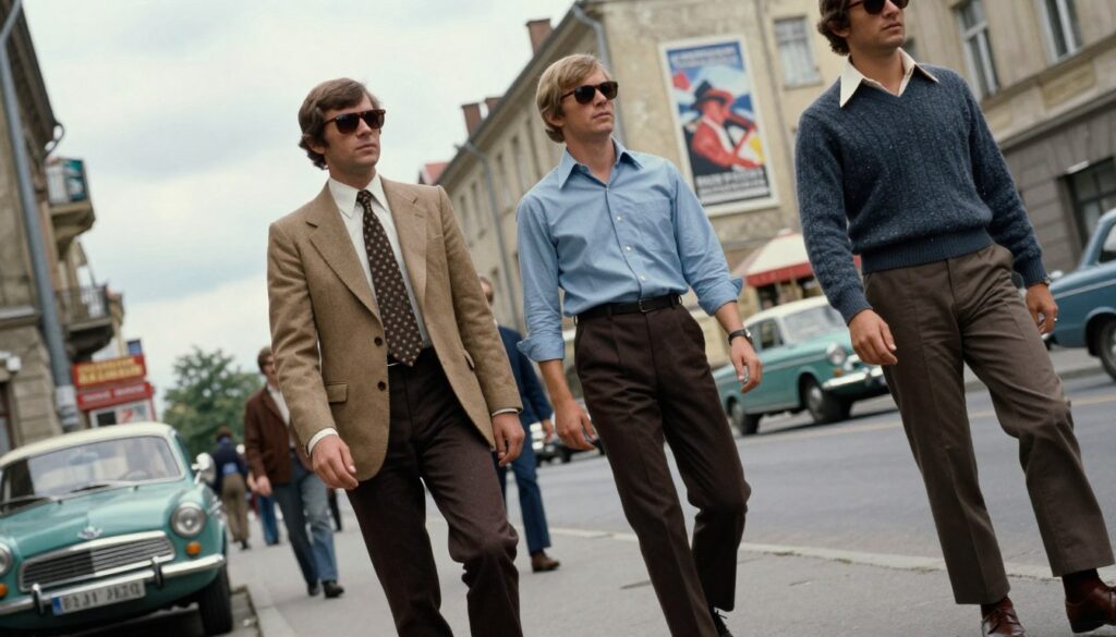 A stylish street scene from 1970s Poland, showcasing men's fashion influenced by Western trends. In the foreground, a group of three men dressed in distinctive PRL-style outfits: one wears a fitted blazer with large lapels and a patterned tie, another sports a casual button-up shirt tucked into high-waisted trousers, and the last dons a woolen sweater over a collared shirt. Their accessories include retro sunglasses and leather shoes, highlighting the essence of the era. The middle ground features a lively urban setting with vintage cars parked along the street and period-appropriate advertisements on buildings. The background captures a cloudy sky with soft, diffused natural lighting, creating a nostalgic yet vibrant atmosphere. The angle of the shot is slightly tilted upwards, adding depth to the scene. A stylish street scene from 1970s Poland, showcasing men's fashion influenced by Western trends. In the foreground, a group of three men dressed in distinctive PRL-style outfits: one wears a fitted blazer with large lapels and a patterned tie, another sports a casual button-up shirt tucked into high-waisted trousers, and the last dons a woolen sweater over a collared shirt. Their accessories include retro sunglasses and leather shoes, highlighting the essence of the era. The middle ground features a lively urban setting with vintage cars parked along the street and period-appropriate advertisements on buildings. The background captures a cloudy sky with soft, diffused natural lighting, creating a nostalgic yet vibrant atmosphere. The angle of the shot is slightly tilted upwards, adding depth to the scene.