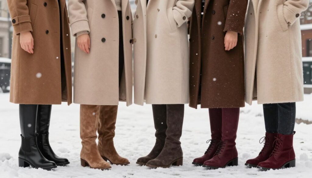 A stylish winter scene featuring a collection of women's winter shoes paired elegantly with long, tailored coats. In the foreground, showcase a variety of footwear: chic ankle boots in black leather with subtle embellishments, knee-high boots in soft suede with warm hues, and classic lace-up styles in rich burgundy. The middle ground includes elegantly draped winter coats in various lengths and textures, with attention to detail such as buttons, belts, and collars. In the background, a softly blurred urban setting with gently falling snowflakes adds to the cozy, wintry atmosphere. Utilize soft, diffused lighting to create a warm and inviting mood, capturing the essence of sophisticated winter fashion. The composition should be well-balanced, highlighting both the shoes and coats without any text or logos.