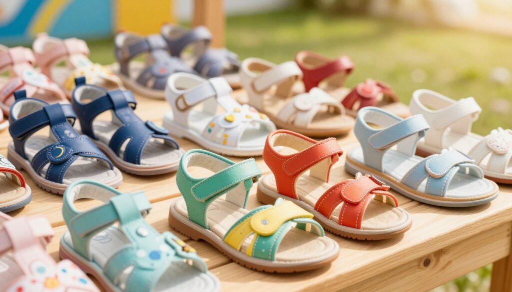 A vibrant and detailed image of a variety of children’s sandals displayed on a light wooden surface. In the foreground, focus on a pair of colorful, well-designed sandals suitable for toddlers, showcasing adjustable straps and a cushioned sole. The middle layer features additional pairs of sandals for different ages, including slightly larger sizes for preschool and early school-age children, each with unique patterns and colors. The background includes a sunny, playful outdoor setting, hinting at a park or garden atmosphere. Soft, warm lighting enhances the cheerful mood, evoking a sense of comfort and safety for children exploring on a sunny day. The angle is slightly overhead, allowing a clear view of the sandals while capturing the surrounding environment. A vibrant and detailed image of a variety of children’s sandals displayed on a light wooden surface. In the foreground, focus on a pair of colorful, well-designed sandals suitable for toddlers, showcasing adjustable straps and a cushioned sole. The middle layer features additional pairs of sandals for different ages, including slightly larger sizes for preschool and early school-age children, each with unique patterns and colors. The background includes a sunny, playful outdoor setting, hinting at a park or garden atmosphere. Soft, warm lighting enhances the cheerful mood, evoking a sense of comfort and safety for children exploring on a sunny day. The angle is slightly overhead, allowing a clear view of the sandals while capturing the surrounding environment.