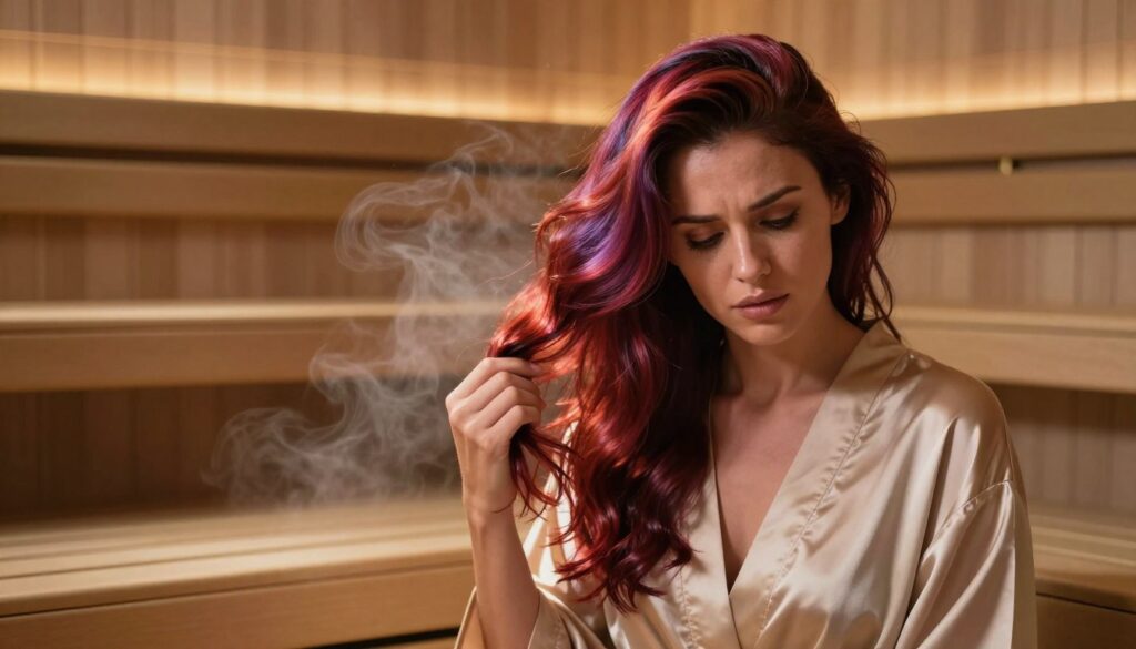 A vibrant image focusing on a woman with beautifully dyed hair, positioned in a modern indoor sauna environment. In the foreground, her hair is the primary focus, showcasing rich, glossy colors that reflect light. The woman is wearing a modest, elegant robe, and has a serene expression, indicating relaxation but also concern for her hair's condition. In the middle background, there's a wooden bench, and steam softly rises around her, creating a warm ambiance. The background displays a hint of tiled walls and soft lighting that enhances the tranquil atmosphere. The lighting is warm, highlighting the hair's vibrancy while maintaining a calm and inviting mood, capturing the essence of hair care in a sauna setting. A vibrant image focusing on a woman with beautifully dyed hair, positioned in a modern indoor sauna environment. In the foreground, her hair is the primary focus, showcasing rich, glossy colors that reflect light. The woman is wearing a modest, elegant robe, and has a serene expression, indicating relaxation but also concern for her hair's condition. In the middle background, there's a wooden bench, and steam softly rises around her, creating a warm ambiance. The background displays a hint of tiled walls and soft lighting that enhances the tranquil atmosphere. The lighting is warm, highlighting the hair's vibrancy while maintaining a calm and inviting mood, capturing the essence of hair care in a sauna setting.