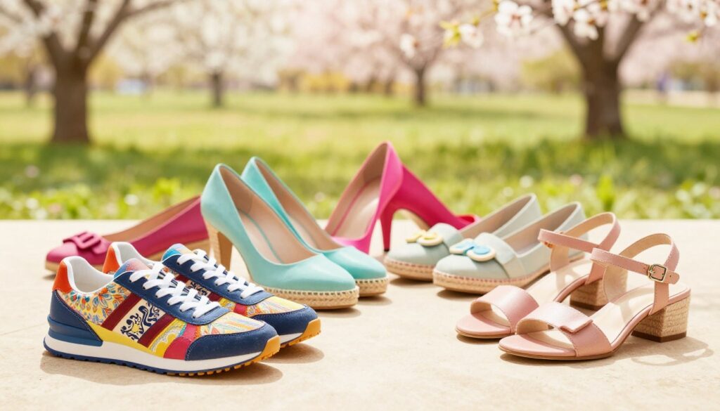 A vibrant scene showcasing a variety of colorful women's shoes, including stylish sneakers, chic flats, and elegant sandals, arranged artfully against a soft, blurred springtime background. The foreground features a pair of bold, multi-colored sneakers with intricate patterns, casting soft shadows on a light, textured surface. In the middle, a selection of bright pumps and playful espadrilles in pastel shades create a dynamic composition that highlights the essence of spring. The background is a dreamy, sunlit park scene, with soft-focus green grass and blossoming flowers to enhance the lively atmosphere. The lighting should be warm and inviting, reminiscent of a sunny day, evoking a cheerful and playful mood that encourages color experimentation. A vibrant scene showcasing a variety of colorful women's shoes, including stylish sneakers, chic flats, and elegant sandals, arranged artfully against a soft, blurred springtime background. The foreground features a pair of bold, multi-colored sneakers with intricate patterns, casting soft shadows on a light, textured surface. In the middle, a selection of bright pumps and playful espadrilles in pastel shades create a dynamic composition that highlights the essence of spring. The background is a dreamy, sunlit park scene, with soft-focus green grass and blossoming flowers to enhance the lively atmosphere. The lighting should be warm and inviting, reminiscent of a sunny day, evoking a cheerful and playful mood that encourages color experimentation.