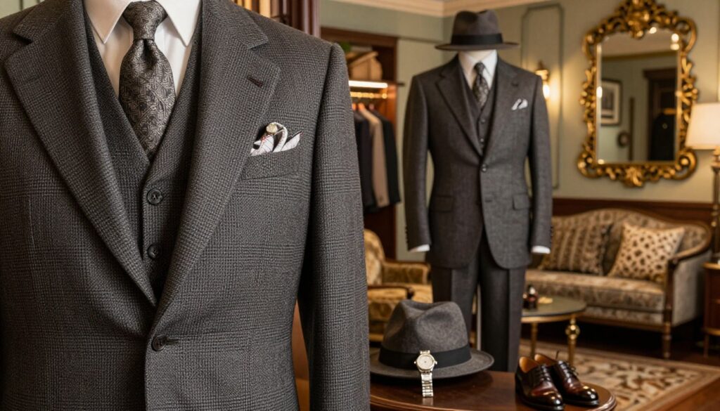 A vintage 1920s men's suit, intricately designed in rich grey fabric with a subtle houndstooth pattern, tailored to perfection. The foreground features a close-up of the suit, showcasing elegant lapels, a finely stitched pocket square, and a vintage silver watch. In the middle, a mannequin dressed in the suit stands proudly, surrounded by classic accessories such as a fedora hat and polished leather shoes. The background shows a softly lit, luxurious interior with art deco elements, including ornate mirrors and stylish furnishings. The lighting is warm and inviting, casting gentle shadows that enhance the fabric's texture, evoking a sophisticated atmosphere of timeless elegance. The image captures the essence of 1920s fashion and authenticity in menswear. A vintage 1920s men's suit, intricately designed in rich grey fabric with a subtle houndstooth pattern, tailored to perfection. The foreground features a close-up of the suit, showcasing elegant lapels, a finely stitched pocket square, and a vintage silver watch. In the middle, a mannequin dressed in the suit stands proudly, surrounded by classic accessories such as a fedora hat and polished leather shoes. The background shows a softly lit, luxurious interior with art deco elements, including ornate mirrors and stylish furnishings. The lighting is warm and inviting, casting gentle shadows that enhance the fabric's texture, evoking a sophisticated atmosphere of timeless elegance. The image captures the essence of 1920s fashion and authenticity in menswear.