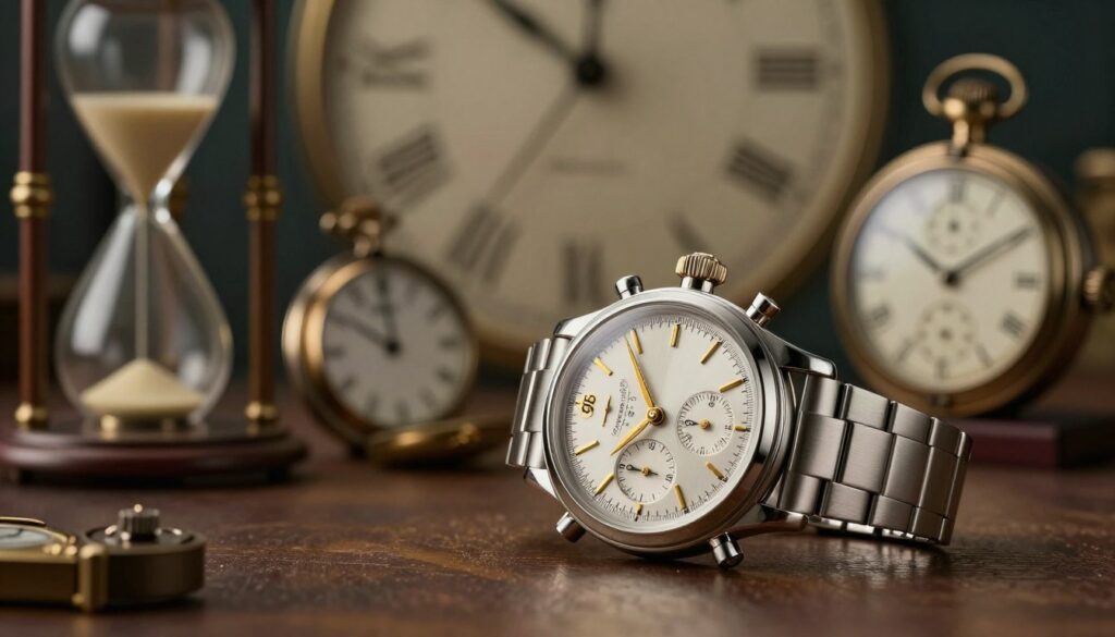 A vintage chronograph watch, intricately detailed with gold and silver accents, prominently displayed in the foreground, showcasing its elegant dials and buttons. The middle ground features soft-focus historical timekeeping devices, such as sand timers and pocket watches, subtly blending into the background. The backdrop includes an abstract representation of the passage of time, with muted colors and flowing lines, evoking a sense of history. The lighting is warm and atmospheric, casting gentle shadows that enhance the textures of the watch and its surroundings. The angle is slightly elevated, allowing for a clear view of the watch while creating depth in the composition. The mood is reflective and sophisticated, inviting viewers to ponder the evolution of time measurement.