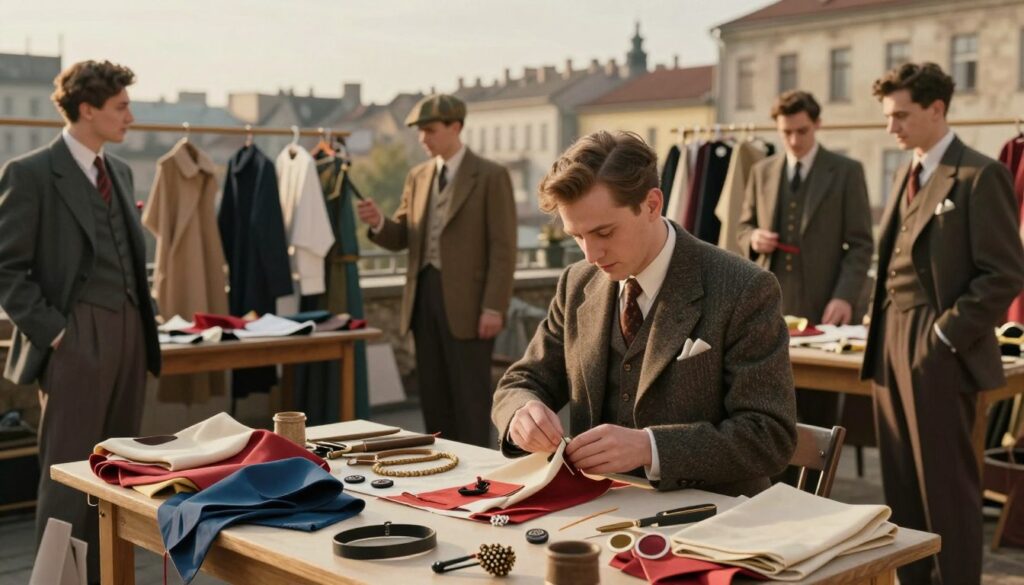 A vintage-inspired scene depicting creativity during times of scarcity, showcasing a group of individuals in modest, stylish outfits characteristic of men's fashion from the PRL era. In the foreground, a man is upcycling materials to create unique fashion accessories, surrounded by an array of colorful fabric scraps and tools. The middle ground features a small workshop filled with handmade clothing items, reflecting resourcefulness and innovation in design. In the background, a soft-lit urban landscape hints at a retro Polish city, enhancing the theme of creativity in constrained circumstances. The lighting is warm and inviting, reminiscent of the golden hour, casting gentle shadows that evoke a sense of nostalgia and resilience. The overall mood is inspiring and uplifting, celebrating ingenuity and style despite limitations. A vintage-inspired scene depicting creativity during times of scarcity, showcasing a group of individuals in modest, stylish outfits characteristic of men's fashion from the PRL era. In the foreground, a man is upcycling materials to create unique fashion accessories, surrounded by an array of colorful fabric scraps and tools. The middle ground features a small workshop filled with handmade clothing items, reflecting resourcefulness and innovation in design. In the background, a soft-lit urban landscape hints at a retro Polish city, enhancing the theme of creativity in constrained circumstances. The lighting is warm and inviting, reminiscent of the golden hour, casting gentle shadows that evoke a sense of nostalgia and resilience. The overall mood is inspiring and uplifting, celebrating ingenuity and style despite limitations.