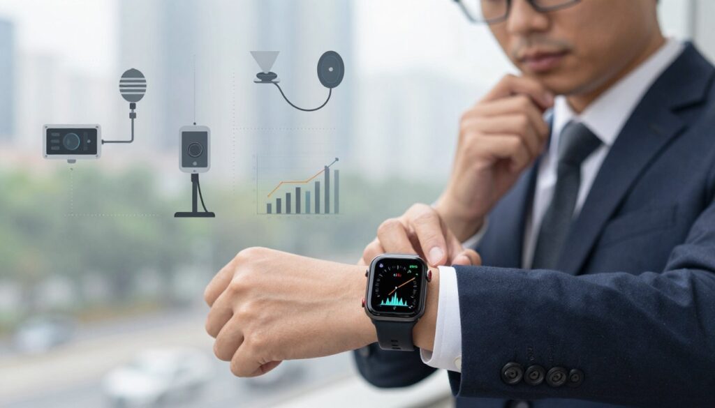 A visually striking image showcasing the concept of measurement technology limitations in everyday use. In the foreground, a close-up of a sophisticated smartwatch displaying a simulated pressure measurement, with visible data spikes and annotations, set against a subtle, blurred urban background. The middle layer features a person in professional business attire, adjusting the watch on their wrist, looking thoughtfully at the device. The background includes an abstract representation of various sensors and graphs symbolizing data collection and measurement challenges. Soft, natural lighting illuminates the scene, with a shallow depth of field creating a professional yet approachable atmosphere, evoking exploration and curiosity about technology’s practical applications.